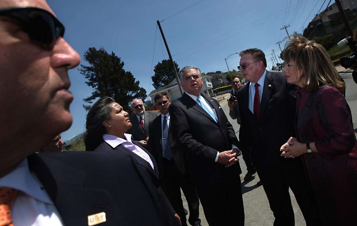 Pipeline and Hazardous Materials Safety Administration Administrator Cynthia Quarterman (l to r), Transportation Secretary Ray LaHood, San Bruno Mayor Jim Ruane and U.S. Rep. Jackie Speier talk as they tour the San Bruno rupture site at Earl Avenue and Glenview Drive in San Bruno, Calif., Thursday, May 19, 2011.