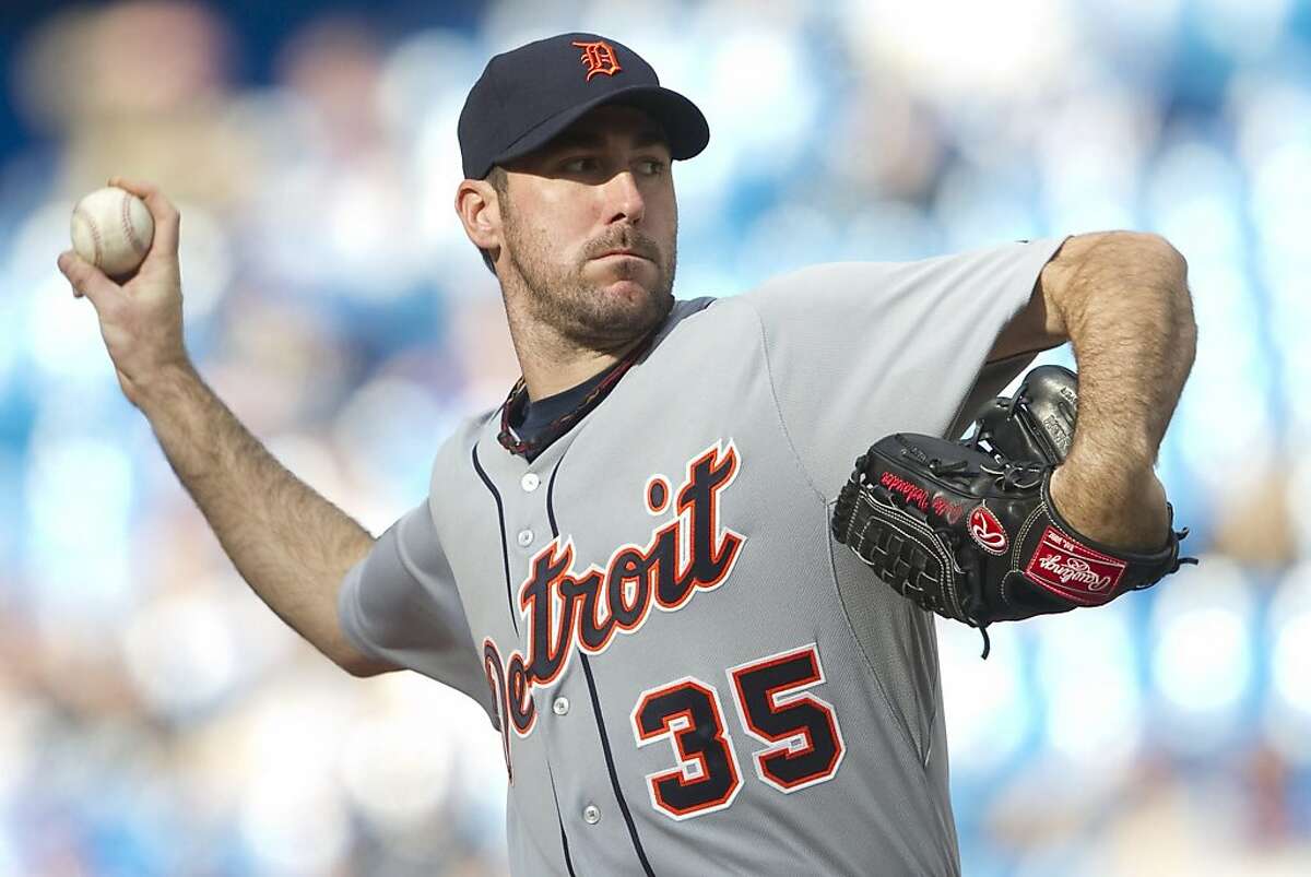 Detroit Tigers pitcher Justin Verlander works against the Toronto Blue Jays during the sixth inning of a baseball game in Toronto on Saturday, May 7, 2011.