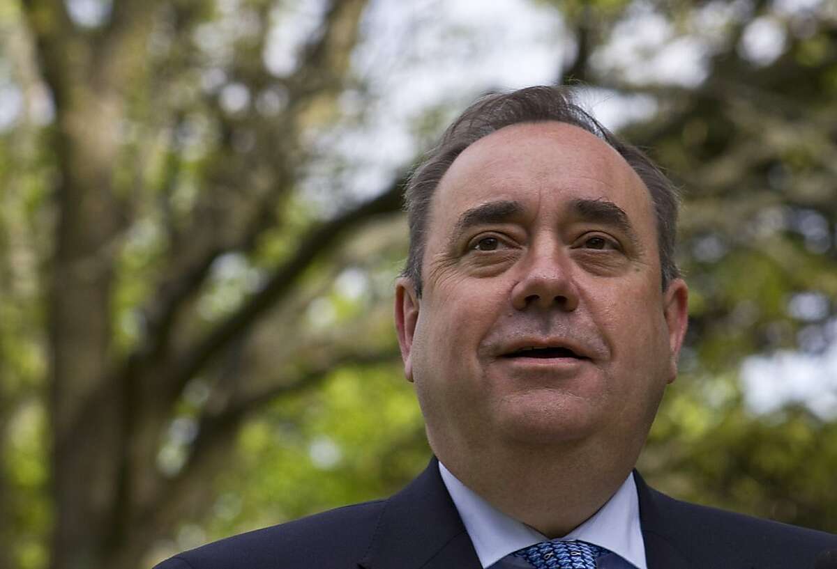 Scottish First Minister Alex Salmond addresses the media at the Prestonfield Hotel in Edinburgh, Scotland, on May 6, 2011. Scotland moved closer to a vote on independence after the party of nationalist First Minister Alex Salmond secured a historic majority Friday in elections for the Edinburgh parliament.