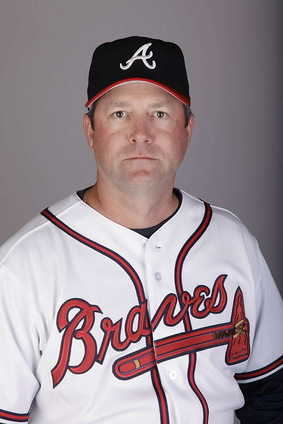 FILE - In this Feb. 21, 2011, file photo, Atlanta Braves pitching coach Roger McDowell poses in a baseball uniform. A California man claims McDowell made homophobic comments and crude sexual gestures toward fans and threatened him with a bat before the Braves played the San Francisco Giants on April 23. Thirty-three-year-old Justin Quinn, of Fresno, made the allegations Wednesday, April 27, 2011, during a news conference organized by prominent Los Angeles attorney Gloria Allred. AP Photo/David J. Phillip, File)