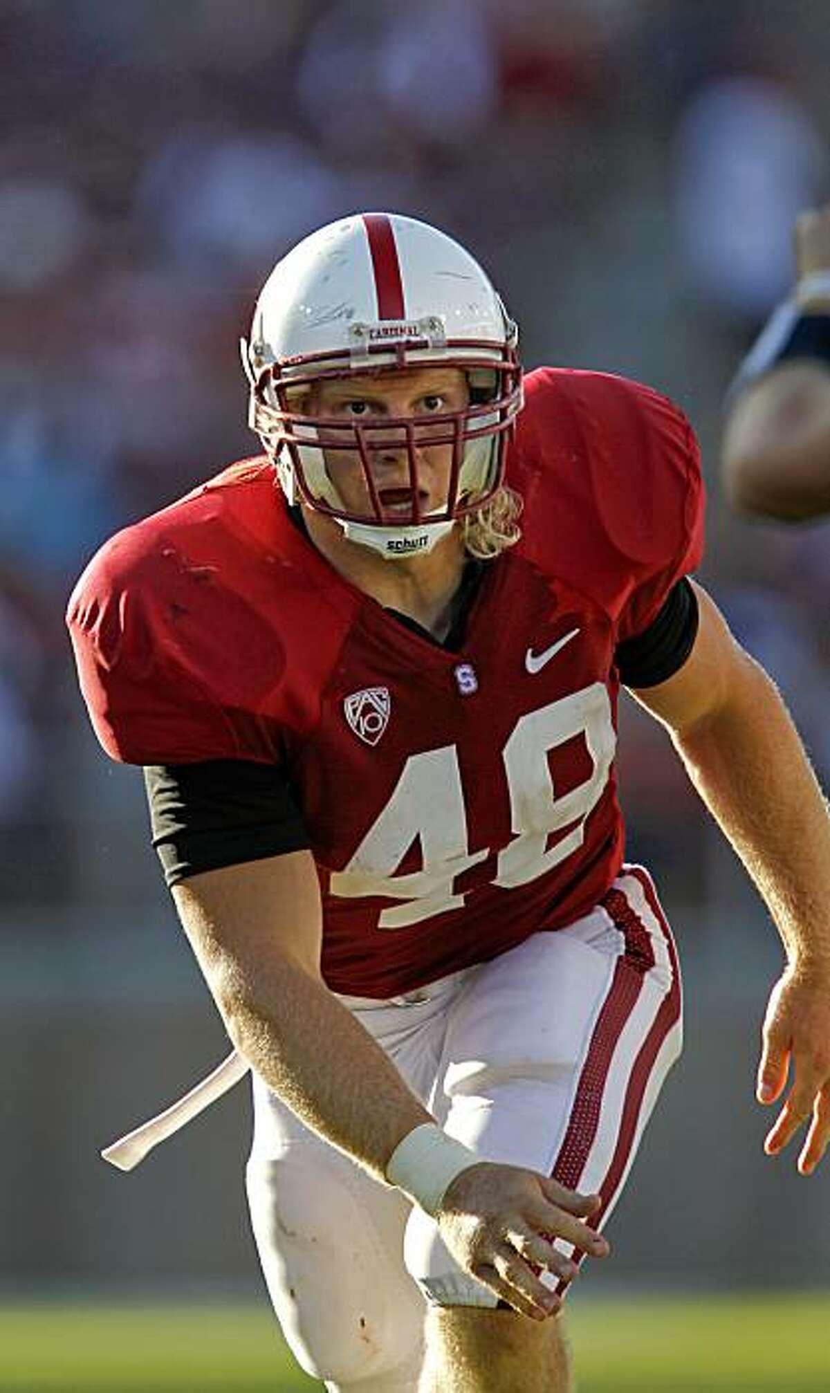 Stanford's Owen Marecic on defense in the third quarter against Sacramento State in Palo Alto on Saturday. Marecic also plays for the offense.
