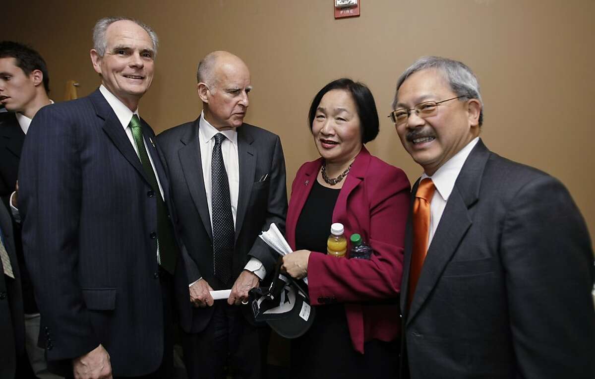 From left to right, San Jose Mayor Chuck Reed, Calif. Gov. Jerry Brown, Oakland Mayor Jean Quan and San Francisco Mayor Ed Lee, meet backstage during the 8th Annual CEO Summit at IBM offices in San Jose, Calif., Friday, April 22, 2011.