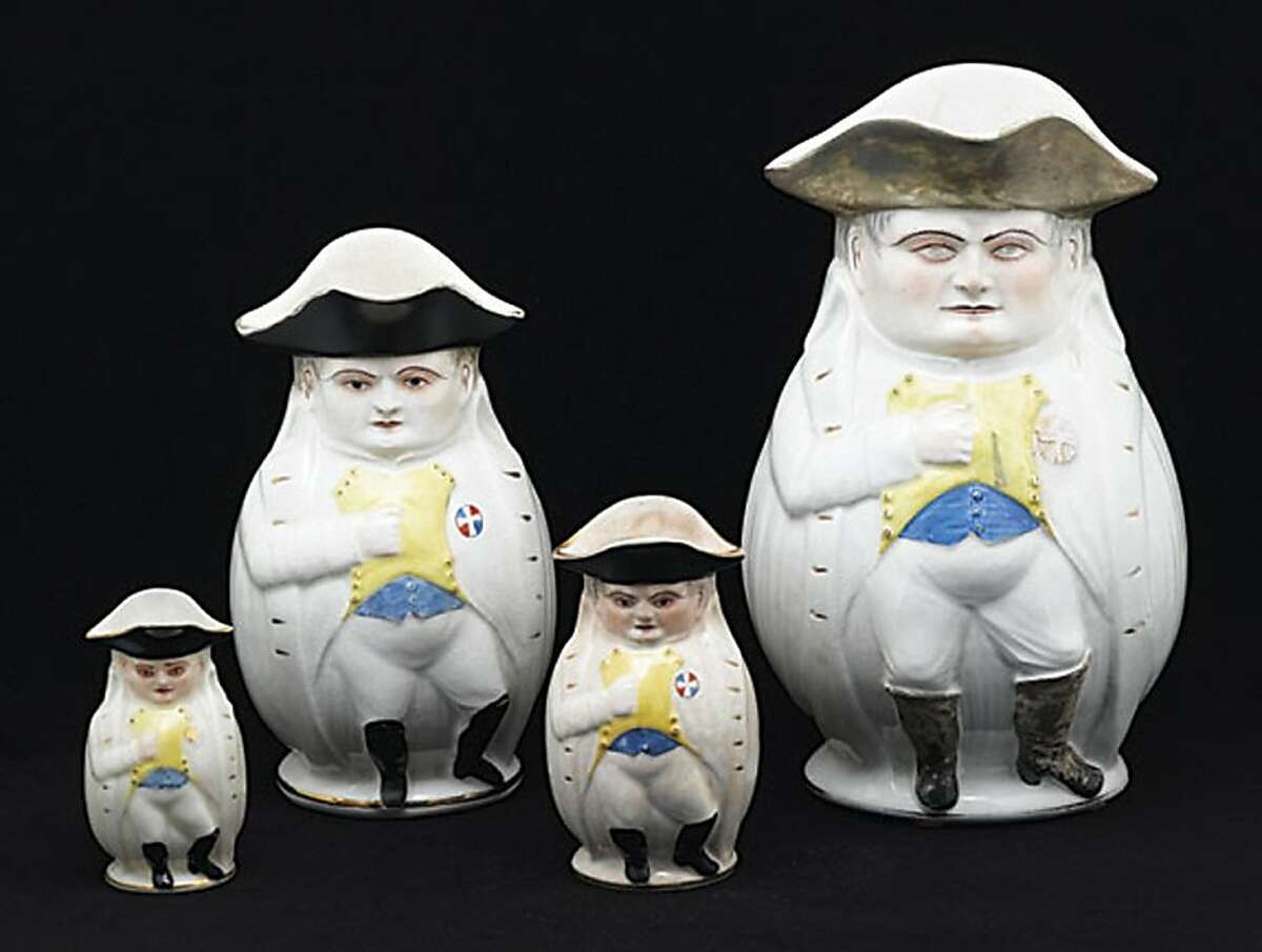 President William McKinley was called “the Napoleon of Protection” because of his high tariffs. These 1896 political pitchers are shaped like McKinley or Napoleon. The tallest pitcher is 10 1/2 inches high. The four sold as a group for $757 at a September 2008 Mastro auction.