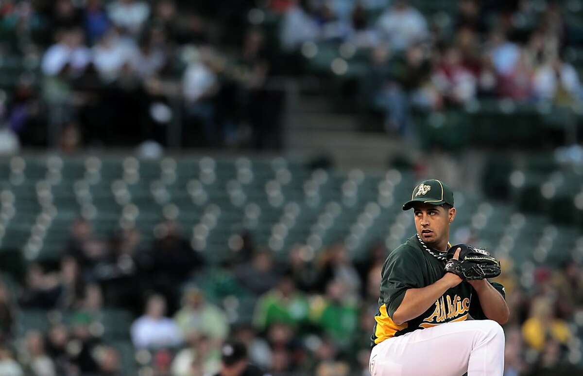 Oakland Athletics starting pitcher Gio Gonzalez pitches against the San Francisco Giants in an exhibition game, Tuesday March 29, 2011, at the Oakland-Alameda County Coliseum in Oakland, Calif.