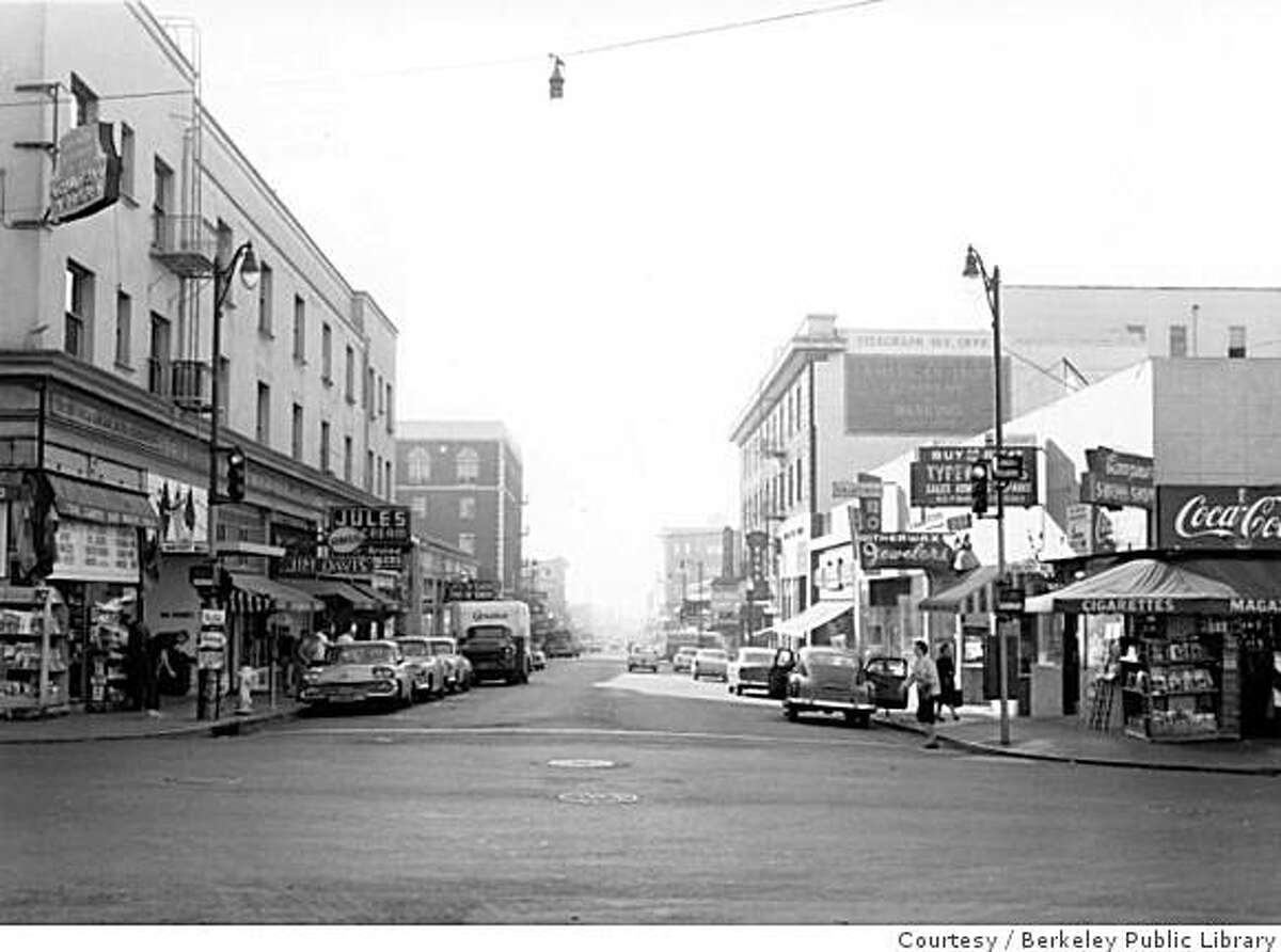 Looking south from the UC Berkeley campus and Bancroft Way, Telegraph Avenue is seen in 1960.