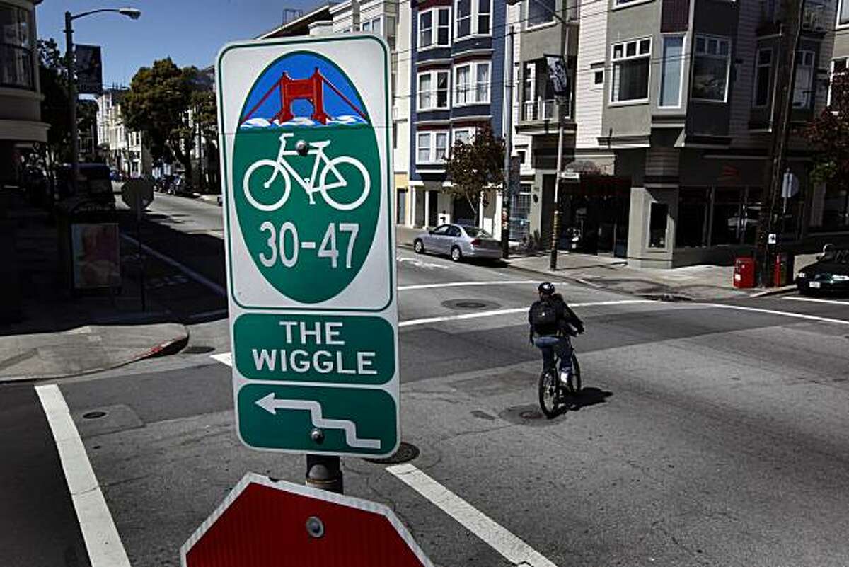 Corner of Haight and Pierce Streets, for a Bike About Town feature on the bike paththat winds it's way through the Lower Haight known to bikers as the, "wiggle", in San Francisco, Calif. on Thursday April 2, 2009.