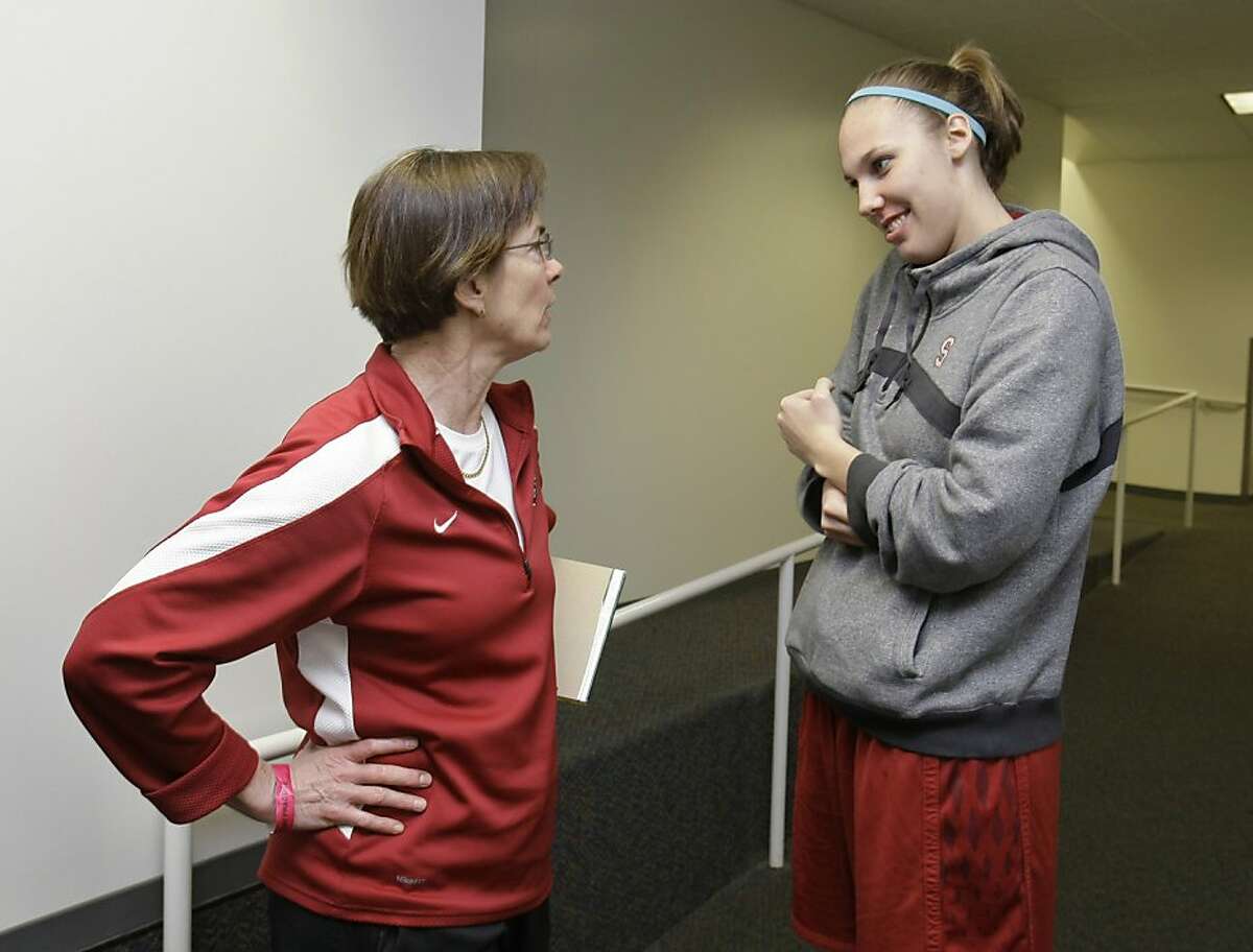Stanford coach Tara VanDerveer, left, talks with forward Kayla Pedersen in the locker room in Stanford, Calif., Sunday, March 20, 2011. Stanford will play St. John's on Monday in the second round of the NCAA college basketball tournament.