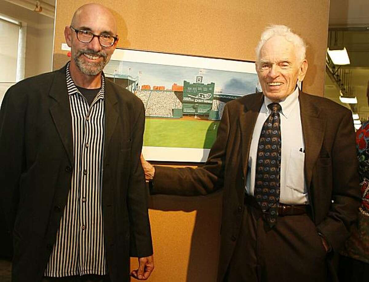 Book launch party of "A Day In the Bleachers" by Arnold Hano(right) (about Willie Mays' 1954 catch at the Polo Grounds) in a special hand-madde edition of the going at $700 dollars a piece. Illustrations are by Mark Ulriksen(left).