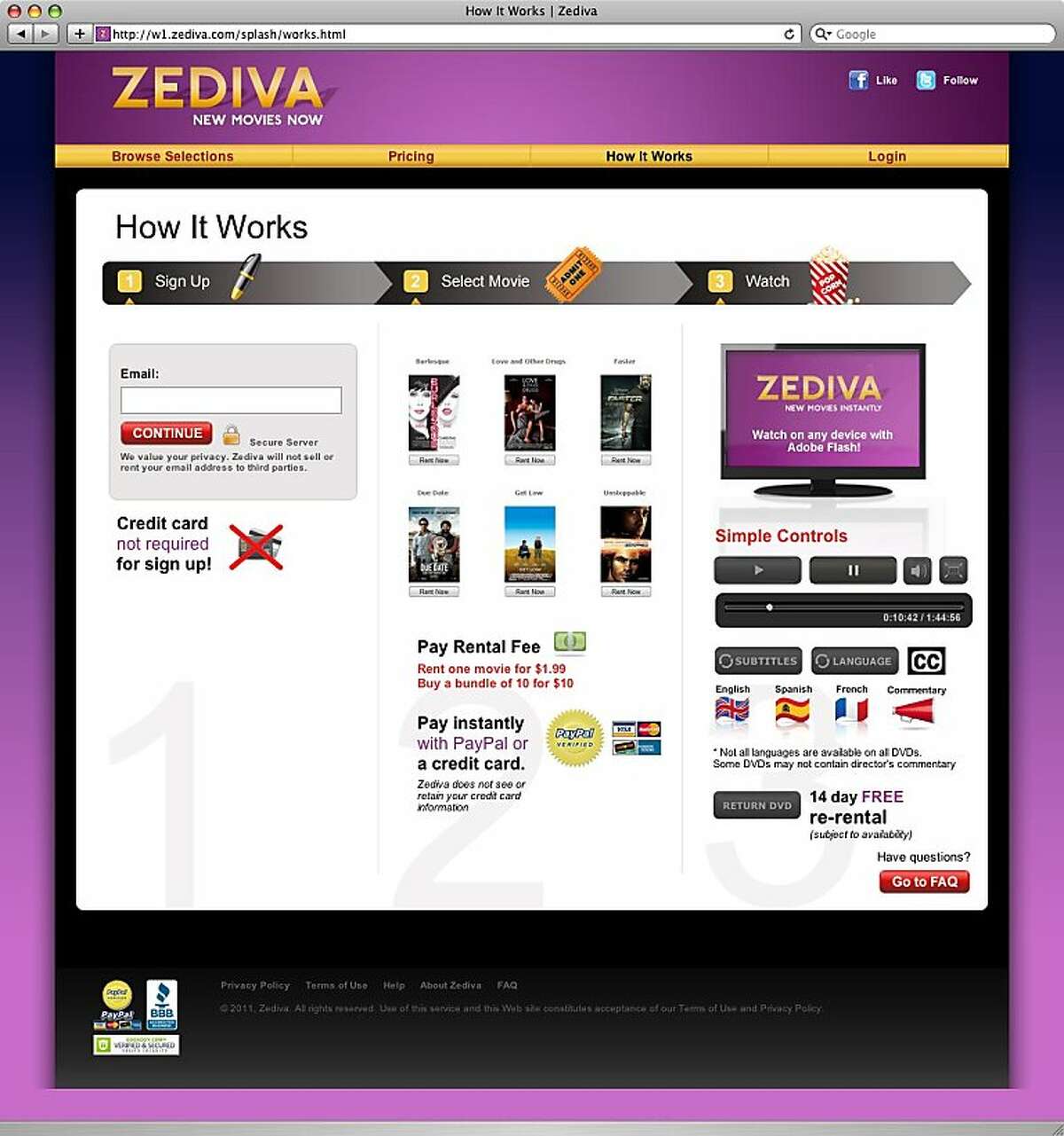 a screenshot of zediva.com, which streams dvds online.