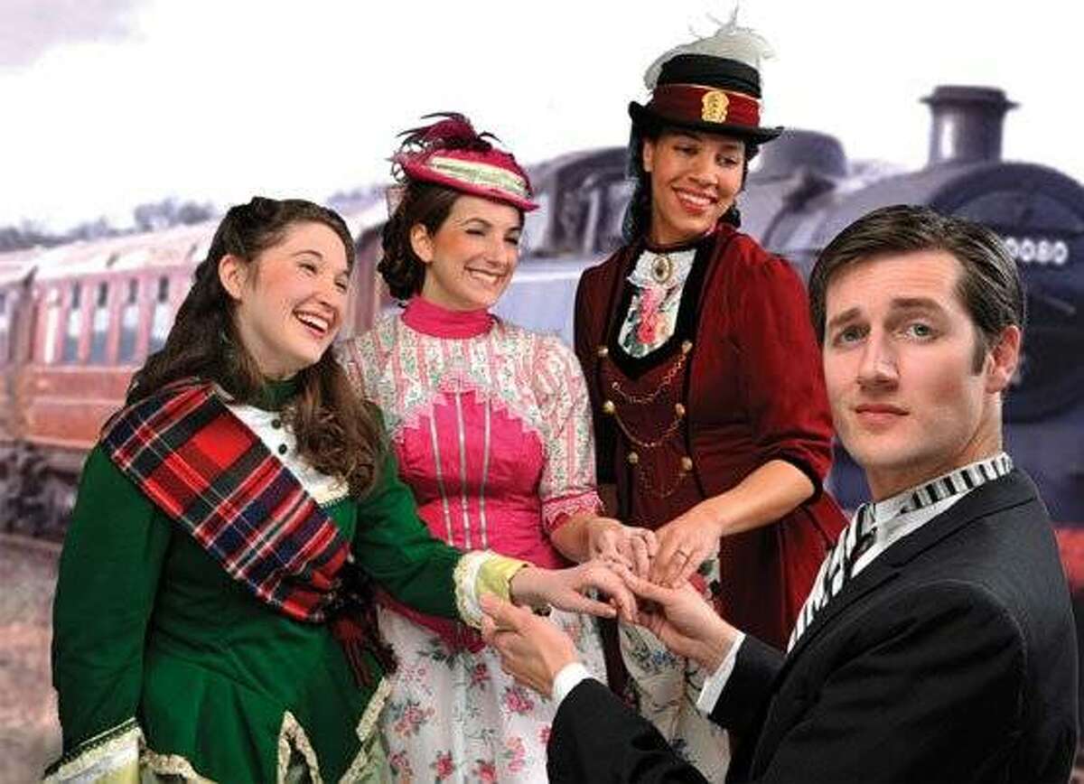 Chris Uzelac (foreground) as Cheviot Hill with Rose Frazier as Maggie, Lauren Kivowitz as Minnie and Leontyne Mbele-Mbong as Belinda, in Lamplighters production of William S. Gilbert's "Engaged"