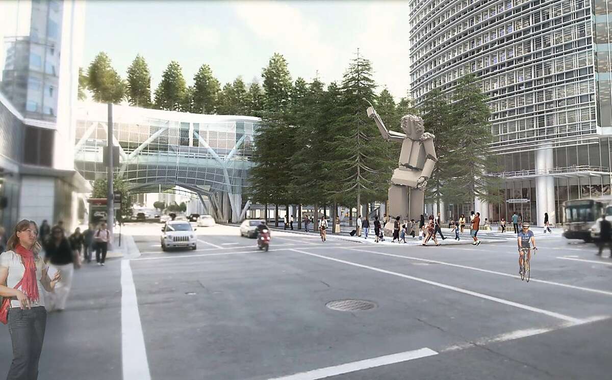 An as-yet-untitled sculpture by Tim Hawkinson is proposed to rise in 2015 at the corner of Fremont and Mission streets in San Francisco. It would be joined in 2017 by a new transit terminal (rear) as well as a planned office tower (right). Hawkinson's work would be assembled from salvaged pieces of the Transbay Terminal that once occupied the site.
