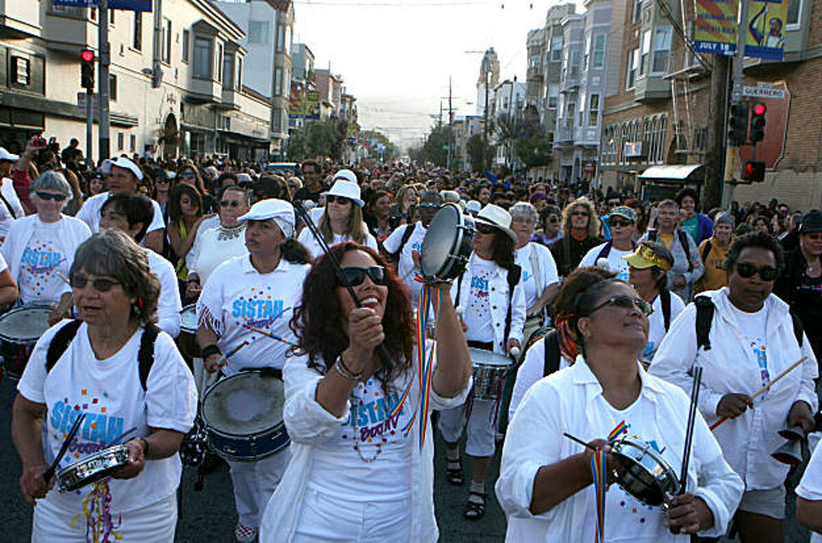Sistah Boom band marches in the 18th annual Dyke March up 16th Street from Dolores Park in San Francisco on Saturday.
