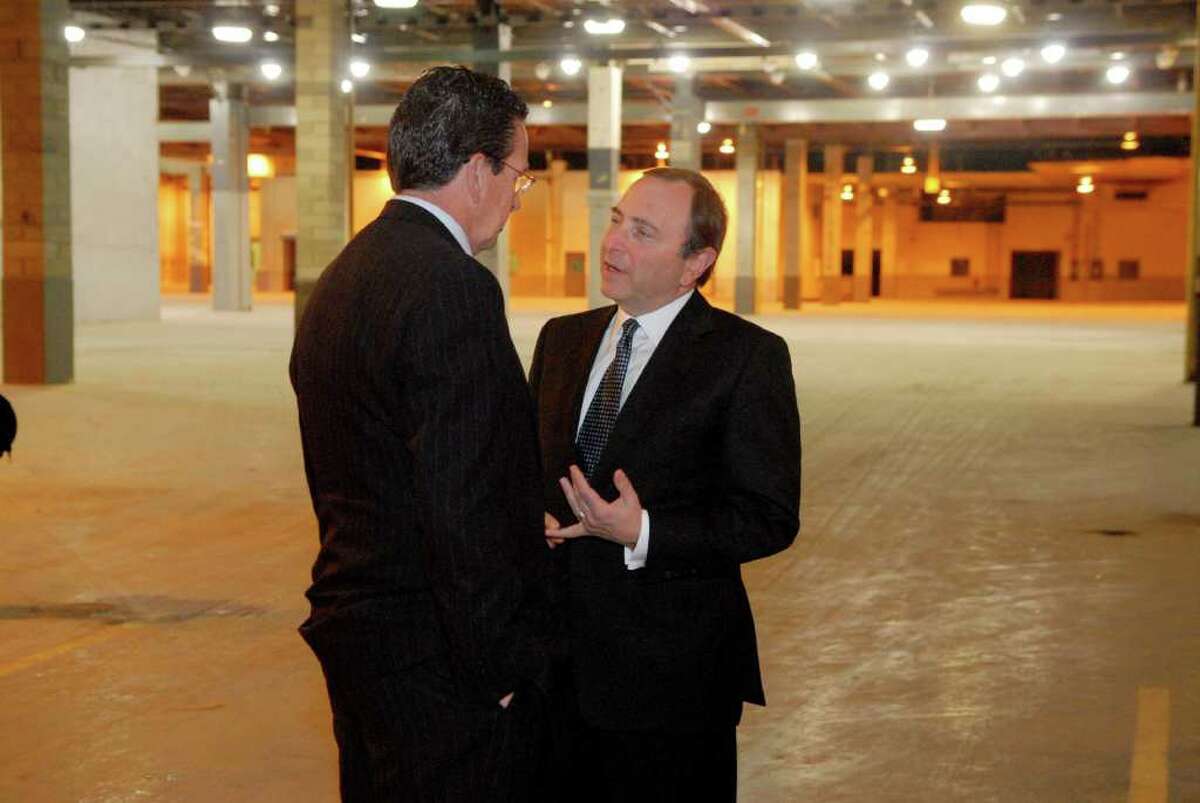 Gov. Dan Malloy and Gary Bettman, NHL Comissioner, at an Oct. 25, 2011 announcement by NBC that they will be moving the sports division to the former site of Clairol in Stamford, Conn. on Tuesday October 25, 2011. Malloy's aggressive outreach to business, in public and private, was an attempt to stimulate job growth and to renovate the Democratic brand.