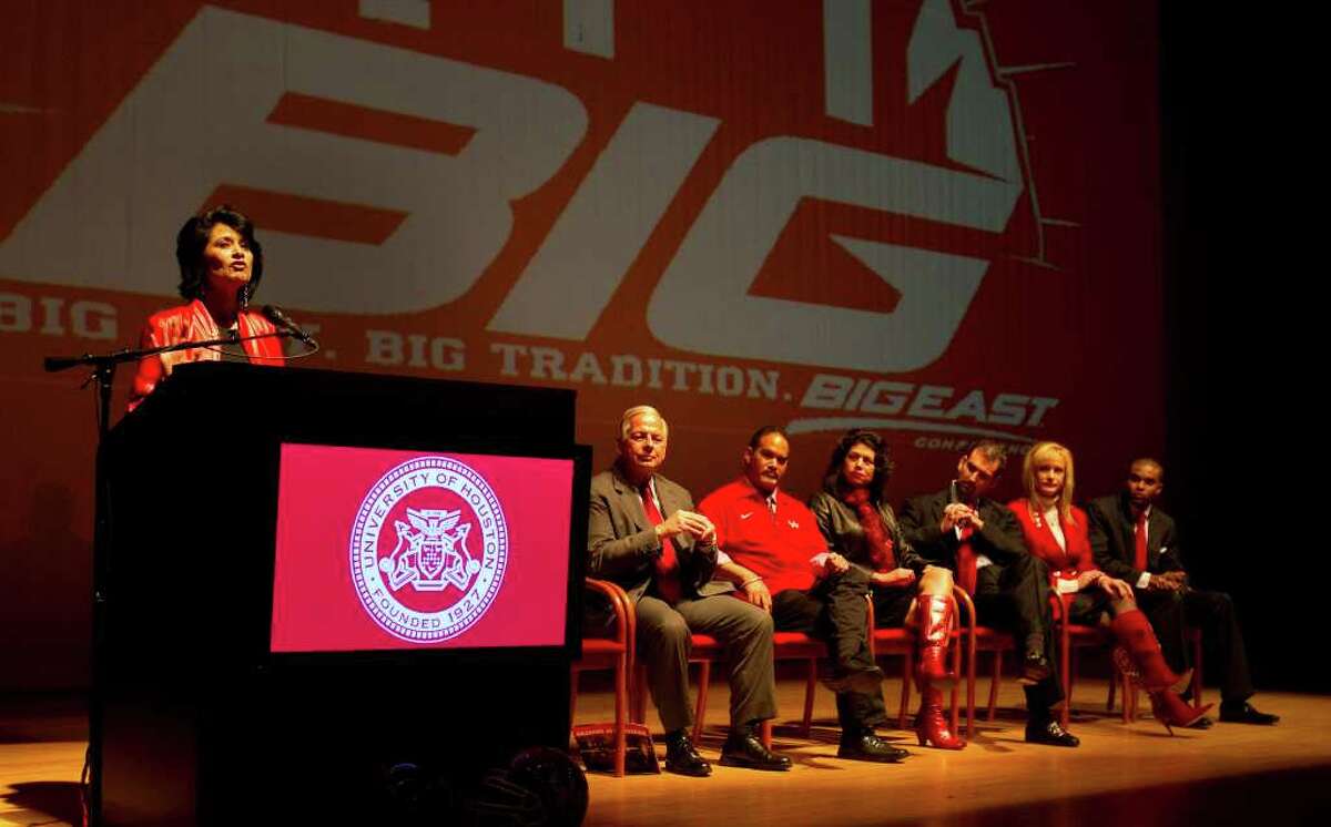 University of Houston President Renu Khator addresses fans, students and alumni during a press conference regarding the school's departure from Conference USA to the Big East Conference at the University of Houston Friday, Dec. 9, 2011, in Houston. The school will join the Big East Conference July 2013.