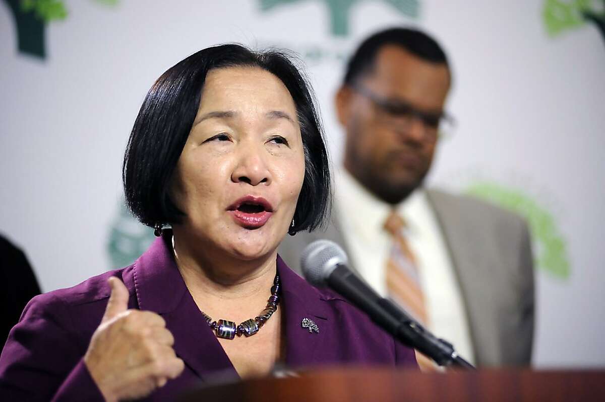 Mayor Jean Quan answers questions from the media. The Oakland Mayor's Office held a press conference at City Hall to discuss the fate of the Oakland A's baseball organization Friday December 9th, 2011. Michael Short/SPECIAL TO THE CHRONICLE
