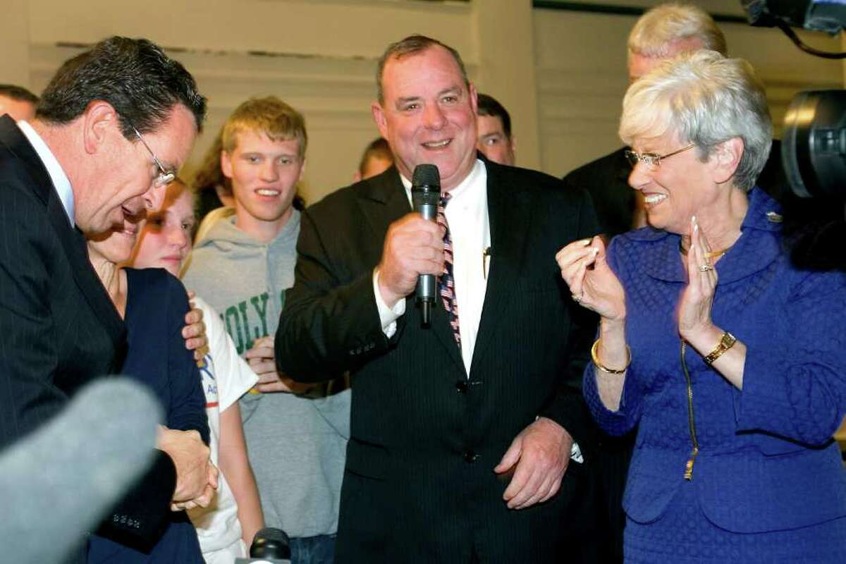 Gov. Dan Malloy with Waterbury Mayor Neil O'Leary and Lt. Gov. Nancy Wyman in Waterbury, Conn. on Nov. 8, 2011, election night. Malloy helped raise money for O'Leary's campaign, including one event on the evening that the first SEBAC deal was doomed to failure.