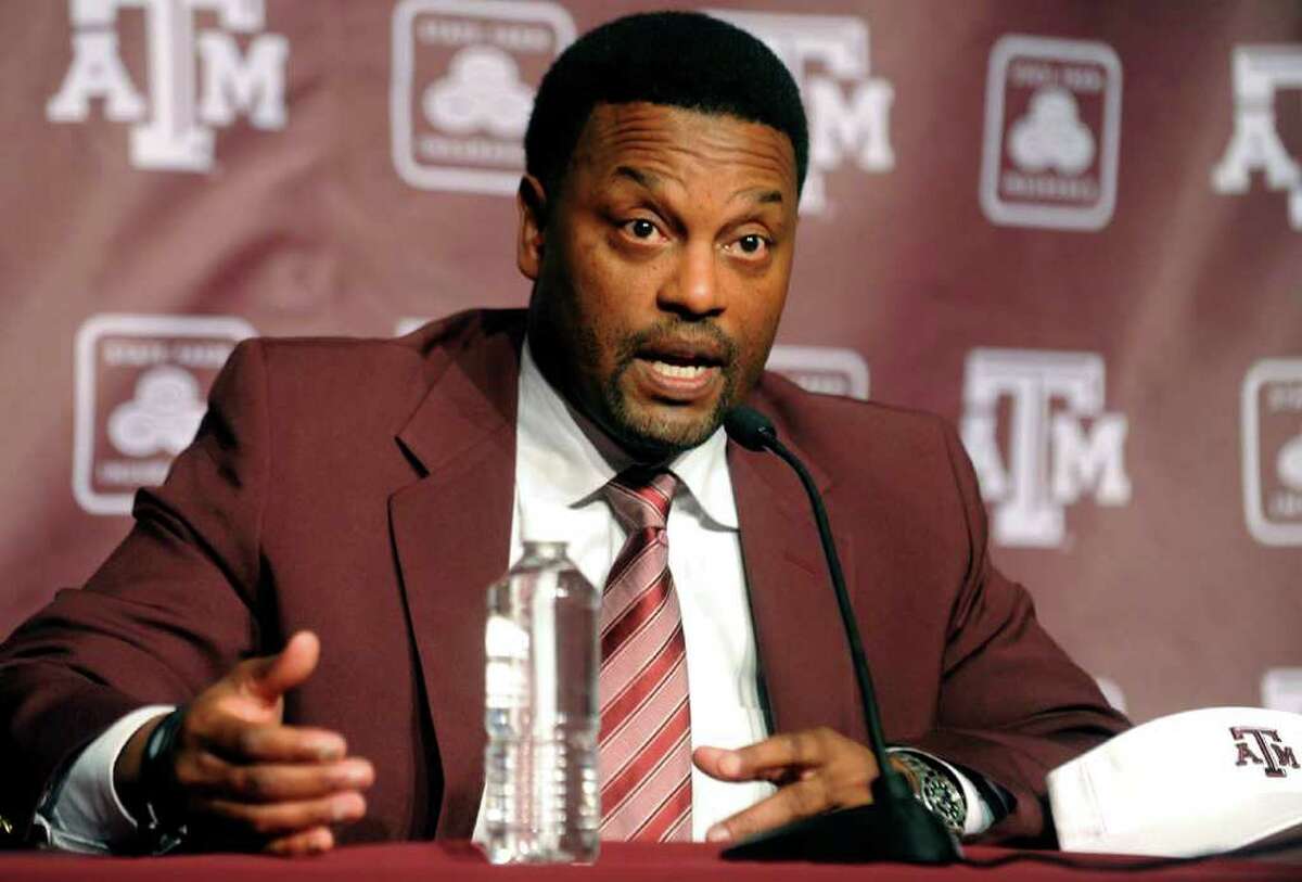 Newly-appointed Texas A&M head coach Kevin Sumlin speaks during a news conference officially introducing him as the NCAA college football team's new coach on Monday, Dec. 12, 2011, in College Station, Texas. Sumlin was hired to replace Mike Sherman who was fired two days earlier after a disappointing 6-6 season. (AP Photo/Bryan-College Station Eagle, Dave McDermand)