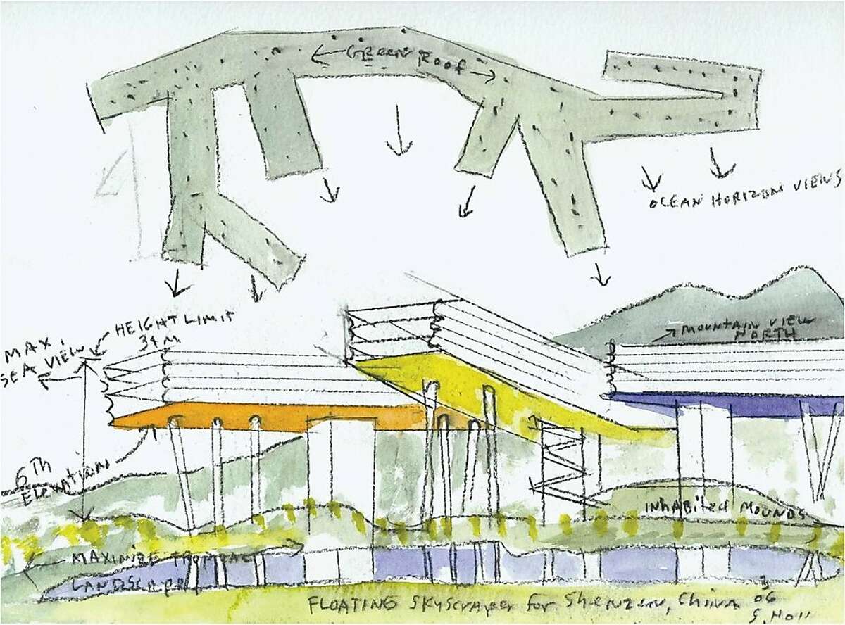 An early sketch by Steven Holl of his concept for the Vanke Center in Shenzhen, China. From Steven Holl Architects' "Horizontal Skyscraper."