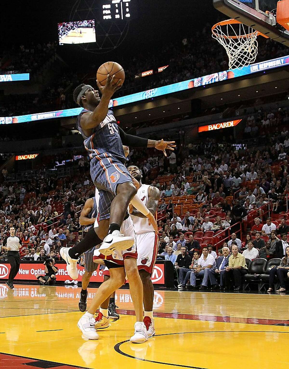 MIAMI, FL - APRIL 08: Kwame Brown #54 of the Charlotte Bobcats drives to the lane during a game against the Miami Heat at American Airlines Arena on April 8, 2011 in Miami, Florida. NOTE TO USER: User expressly acknowledges and agrees that, by downloading and/or using this Photograph, User is consenting to the terms and conditions of the Getty Images License Agreement. (Photo by Mike Ehrmann/Getty Images)
