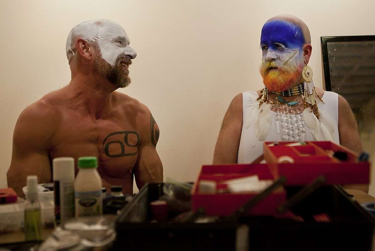 Sister Jezabelle of the Enraptured Sling, left, shares a laugh with sister Tilly Comes Again prior to Project Nunway III, a fashion show fundraising event starring the Sisters of Perpetual Indulgence at Beatbox nightclub in San Francisco, Calif. on Sunday, Dec. 11, 2011.