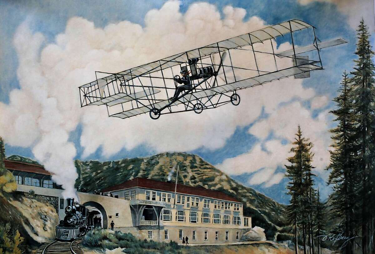 An artist rendition of the historic 1911 flight. The amateur built, "Black Diamond", aircraft, which set new altitude and endurance records, including the first flight over the 3,000 foot high Mt. Tamalpais in 1911. The aircraft now hangs in the Hiller Aviation Museum, in San Carlos, Ca. on Saturday December 17, 2011.