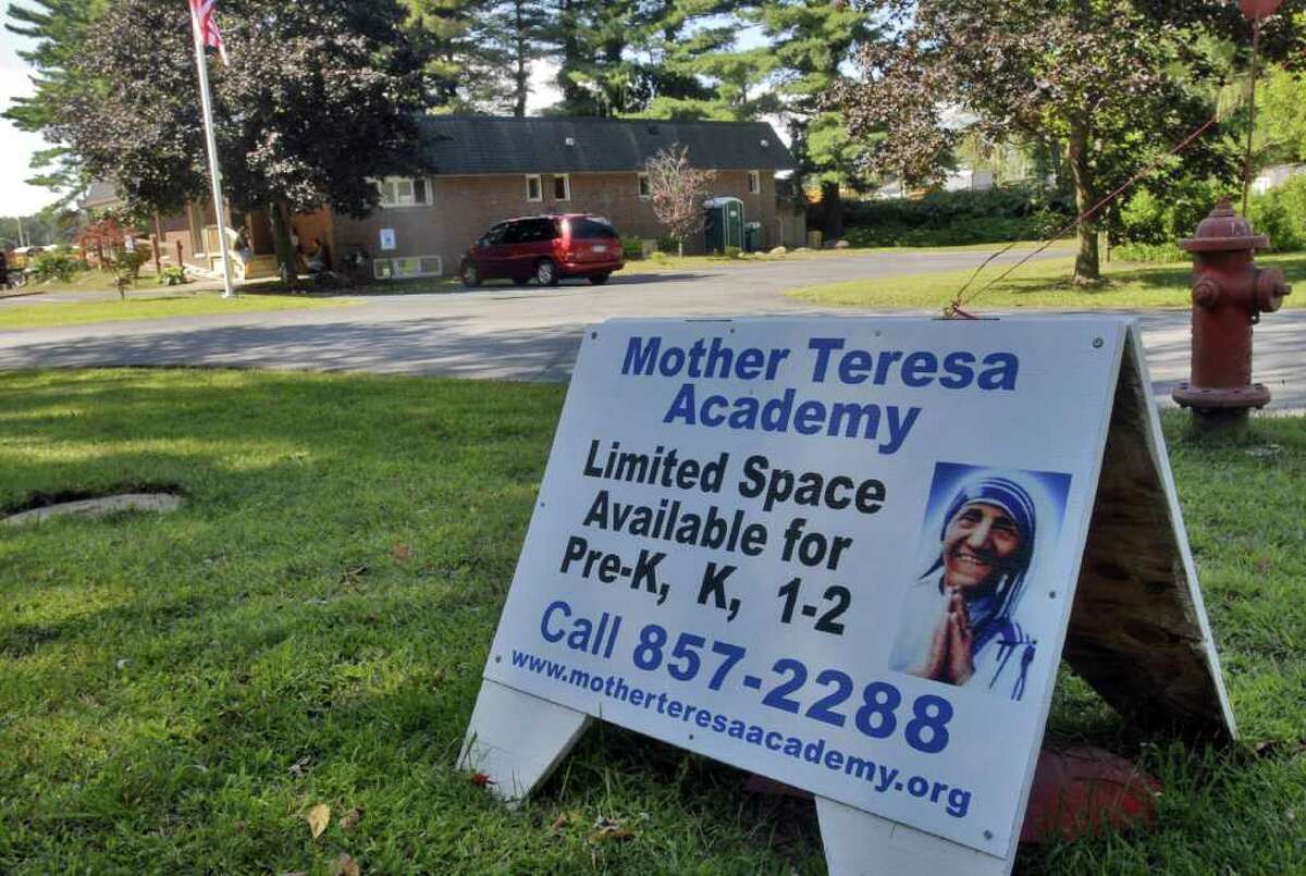 A picture of Mother Teresa in front of the Mother Teresa Academy in Clifton Park, NY, in this 2008 archive photo. (Philip Kamrass/Times Union archive)