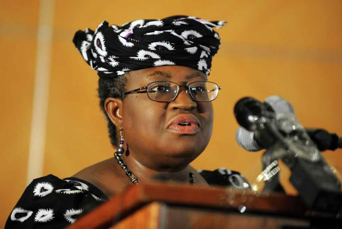 Nigeria's Finance Minister Ngozi Okonjo Iweala speaks during a roundtable on "Africa's Future: Responding to today's Global Economic Challenges" organised by the Nigerian Economic Summit Group in Lagos on December 20, 2011. The world economy is at a "very dangerous juncture", IMF chief Christine Lagarde said on Tuesday referring to the potential impact on poorer nations during her first visit to Africa as head of the fund. AFP PHOTO / PIUS UTOMI EKPEI (Photo credit should read PIUS UTOMI EKPEI/AFP/Getty Images)