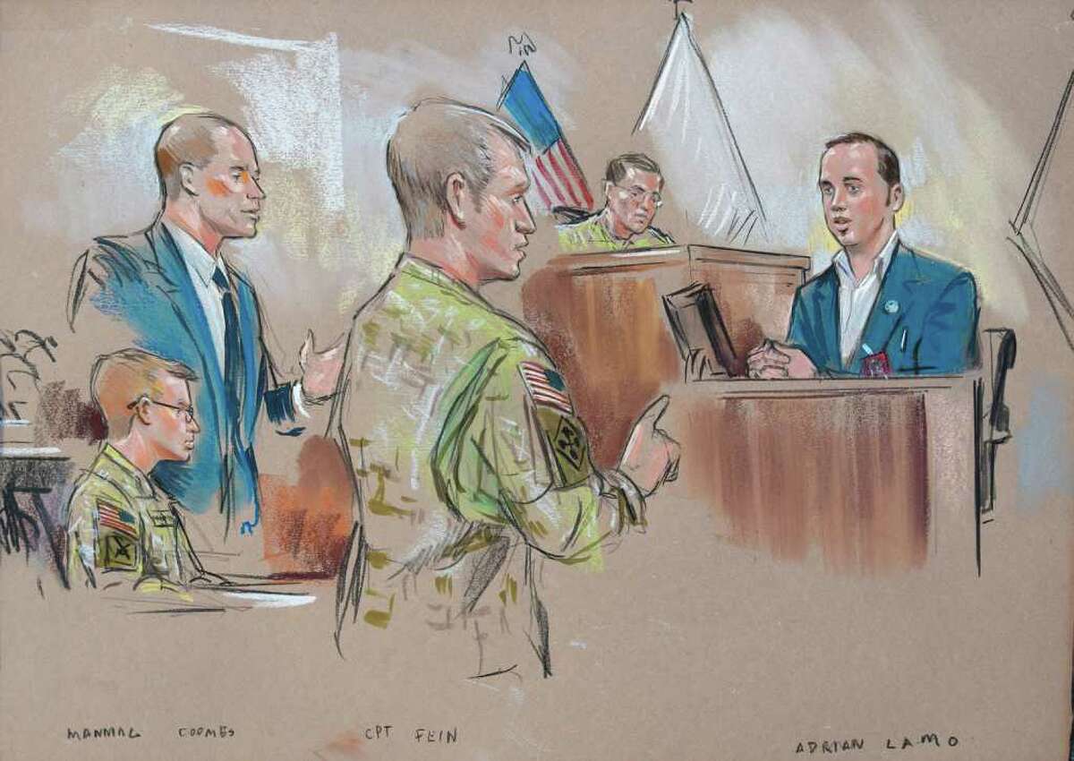 In this courtroom sketch, Army Pfc. Bradley Manning, left, his attorney David Coombs, standing left, Prosecution attorney Ashden Fein, center, and Inspecting Officer Paul Almanza, upper right, and witness Adrian Lamo, right, appear in a courtroom in Fort Meade, Md., Tuesday, Dec. 20, 2011, during a military hearing that will determine if Manning should face court-martial for his alleged role in the WikiLeaks classified leaks case. Manning's online correspondent was Lamo, a former hacker, who gave the chat logs to authorities, leading to Manning's arrest in May 2010. (AP Photo/William Hennessy) NO TV, NO ARCHIVE, NO SALES, LOCALS OUT