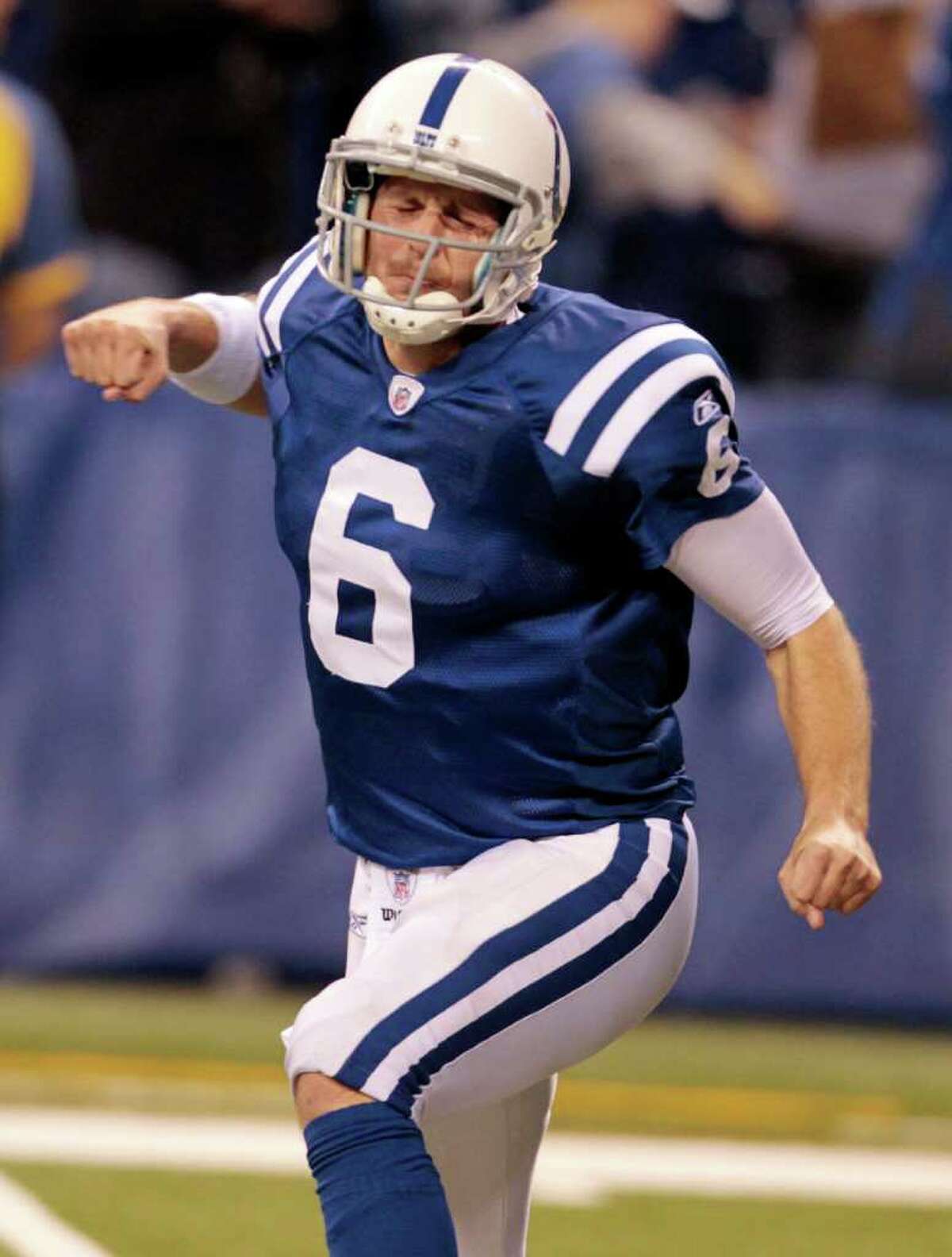 Indianapolis Colts quarterback Dan Orlovsky reacts after throwing the game-winning touchdown during the fourth quarter of an NFL football game against the Houston Texans on Thursday, Dec. 22, 2011, in Indianapolis. Indianapolis won 19-16.