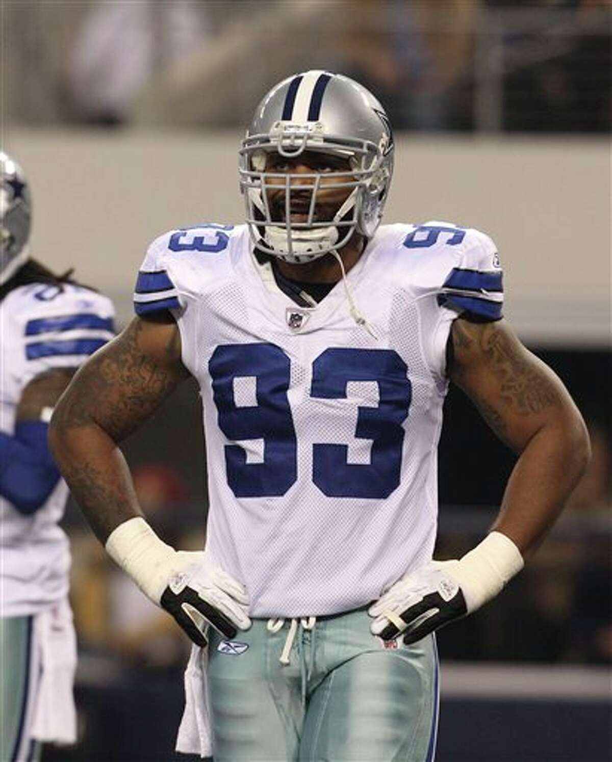 Dallas Cowboys outside linebacker Anthony Spencer (93) during the first half of an NFL football game Saturday, Dec. 24, 2011, in Arlington, Texas. (AP Photo/Sharon Ellman)