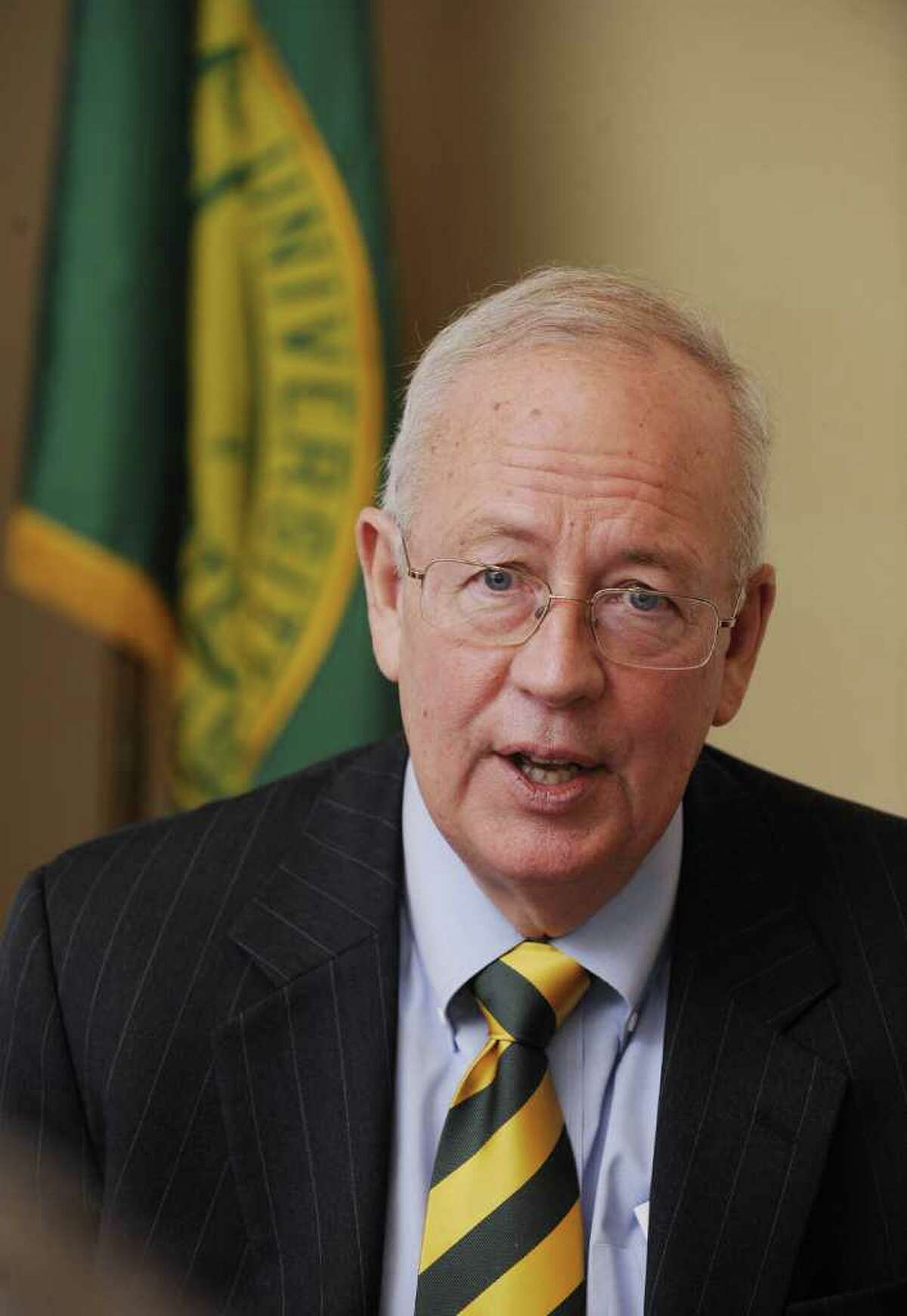 Kenneth Starr talks with reporters Monday, Feb. 15, 2010 in Waco Texas. Tthe former independent counsel whose work led to the impeachment of President Bill Clinton, was named president of Baylor University. Starr, 63, is the dean of Pepperdine University’s School of Law in Malibu, Calif., and will become Baylor’s 14th president.