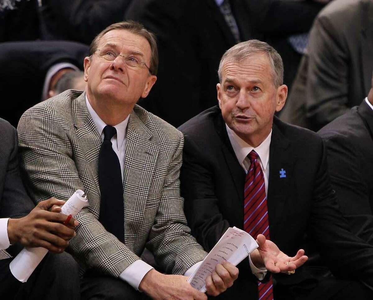 HARTFORD, CT - FEBRUARY 13: Coach Jim Calhoun of the Connecticut Huskies chats with assistant coach George Blaney during a game against the Cincinnati Bearcats at the XL Center on February 13, 2010 in Hartford, Connecticut. (Photo by Jim Rogash/Getty Images)