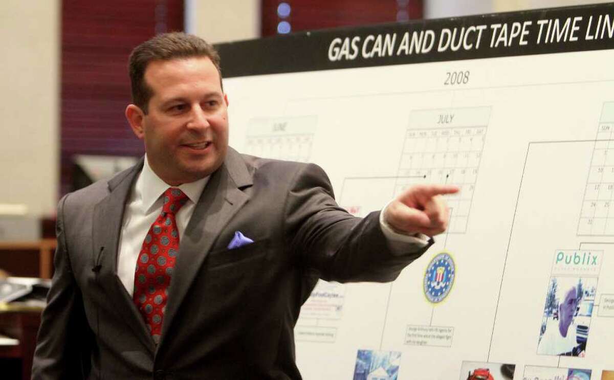 Jose Baez points and yells in the direction of the prosecution table during his closing arguments in the Casey Anthony murder trial in Orlando, Fla., Sunday, July 3, 2011. Judge Belvin Perry called a sidebar during the arguments to deal with the outburst. Anthony has plead not guilty to first-degree murder charges in the death of her daughter, Caylee, and could face the death penalty if convicted on the charge. (AP Photo/Red Huber, Pool)