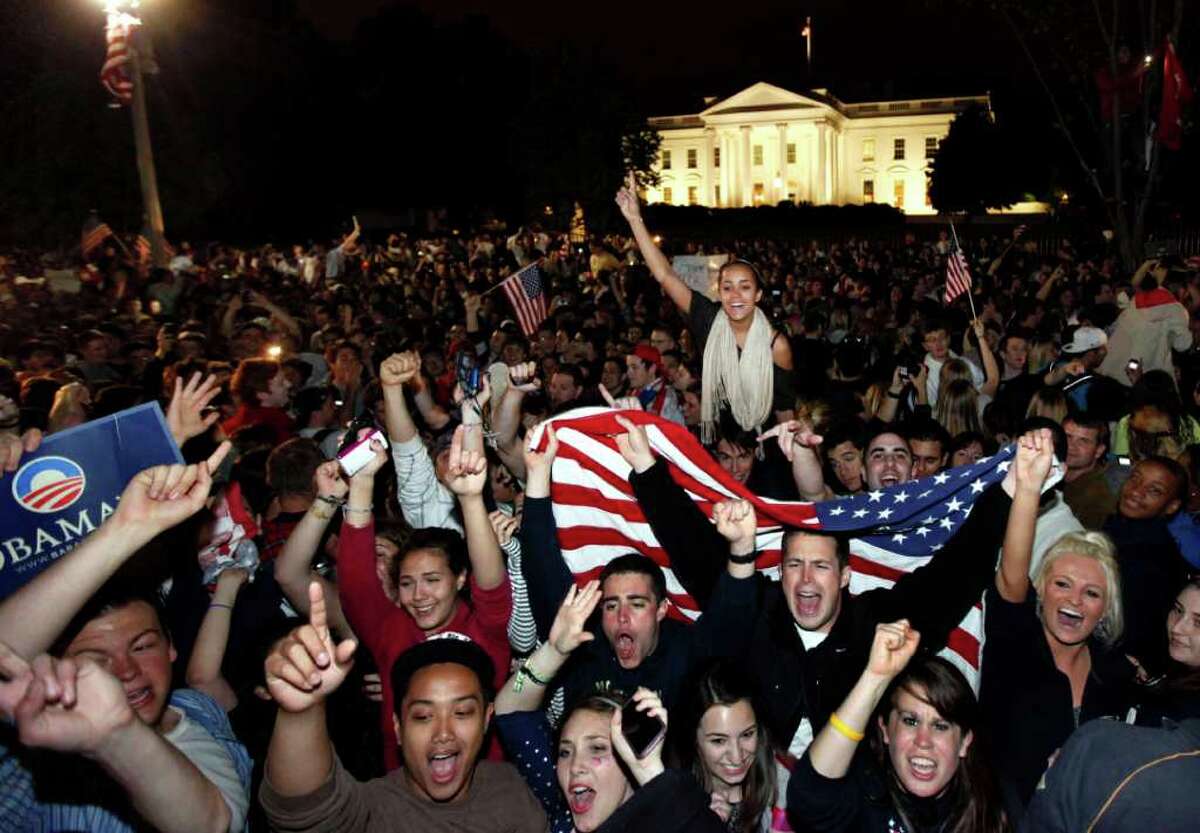 A crowd cheers May 2 after the announcement of Osama bin Laden's death. Many Americans found such celebrations distasteful, citing the Proverbs passage calling for restraint from gloating at an enemy's fall.