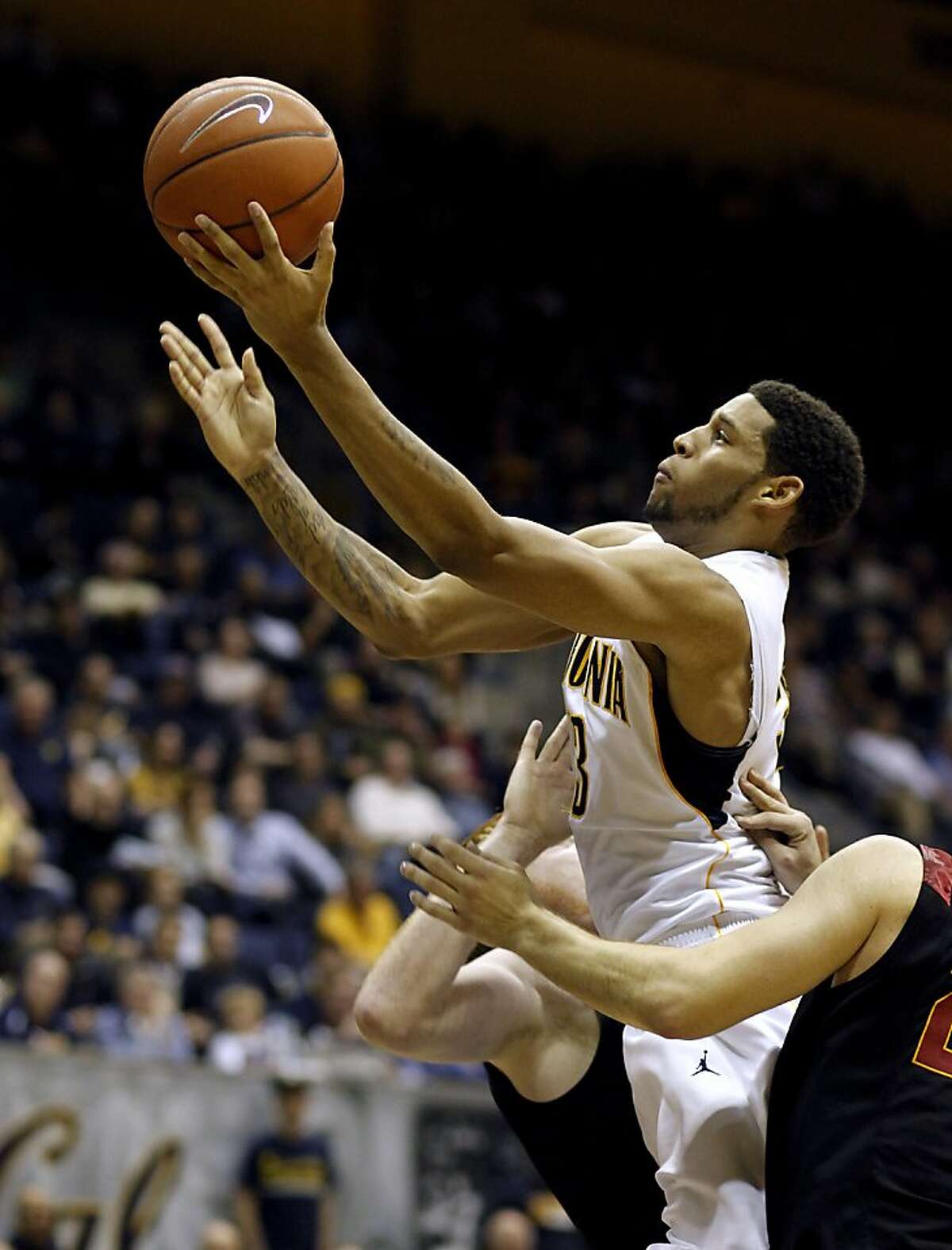 Cal's Allen Crabbe, (23) drives to the basket during the second half, as the California Golden Bears go on to beat the USC Trojans 53-49, at Haas Pavilion on the UC Berkeley campus on Thursday December 29, 2011 in Berkeley, Ca.