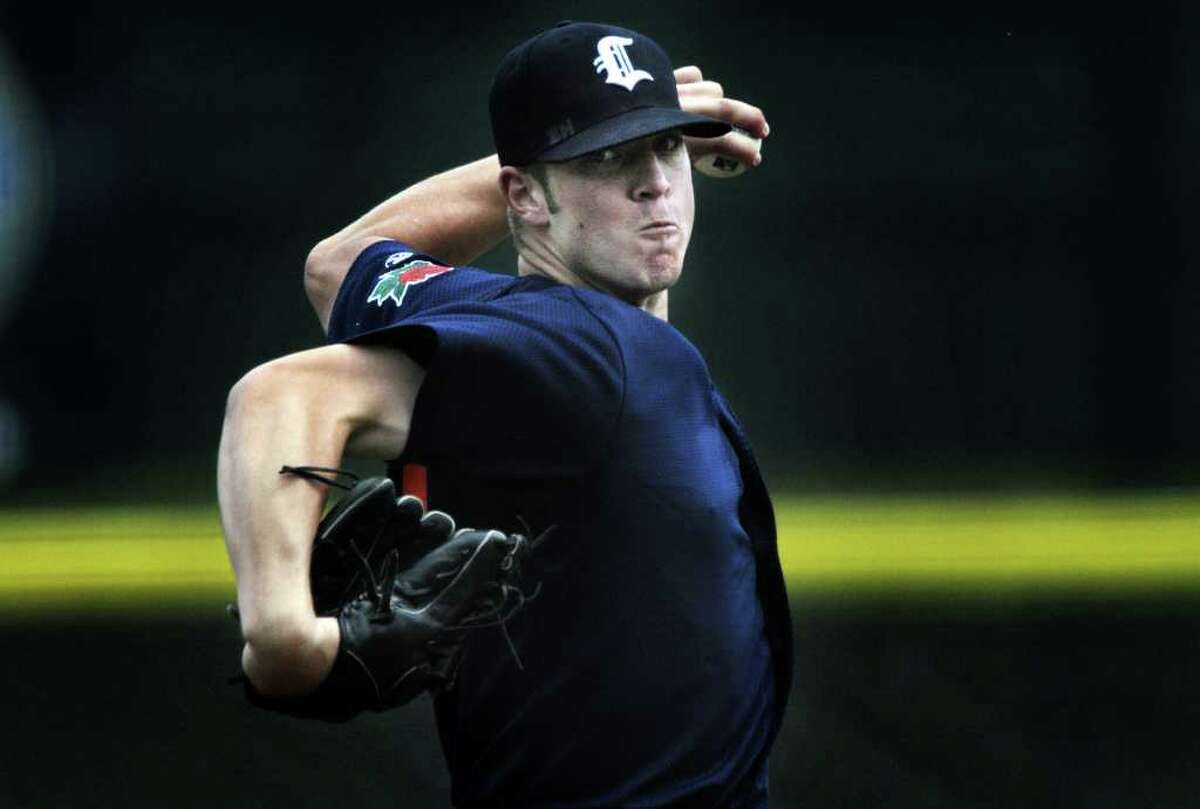 Connecticut Tigers pitcher Tyler Barrett delivers a pitch against the Tri-City ValleyCats during their baseball game at the Joseph L. Bruno Stadium on Wednesday, July 20, 2011 in Troy. (Paul Buckowski / Times Union)