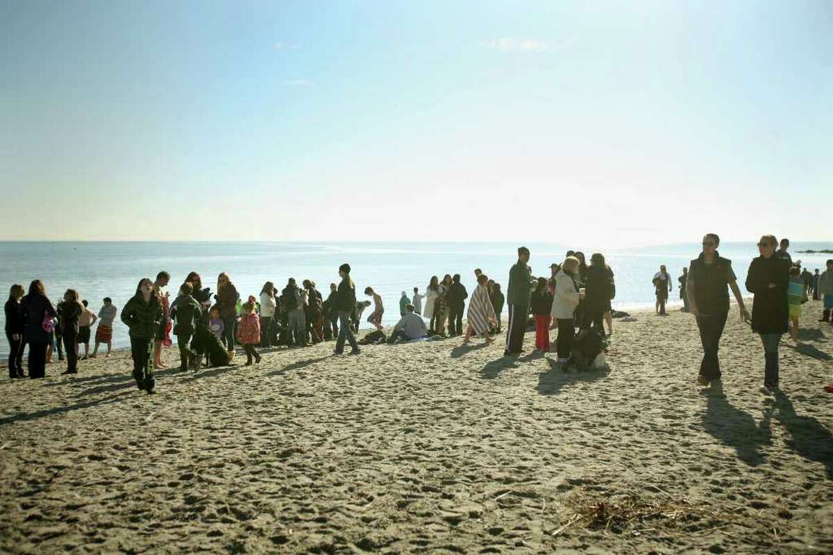 Participants linger at Compo Beach in Westport following the annual Polar Plunge on Sunday, January 1, 2012. The event raised money for The Hole in the Wall Gang Camp.