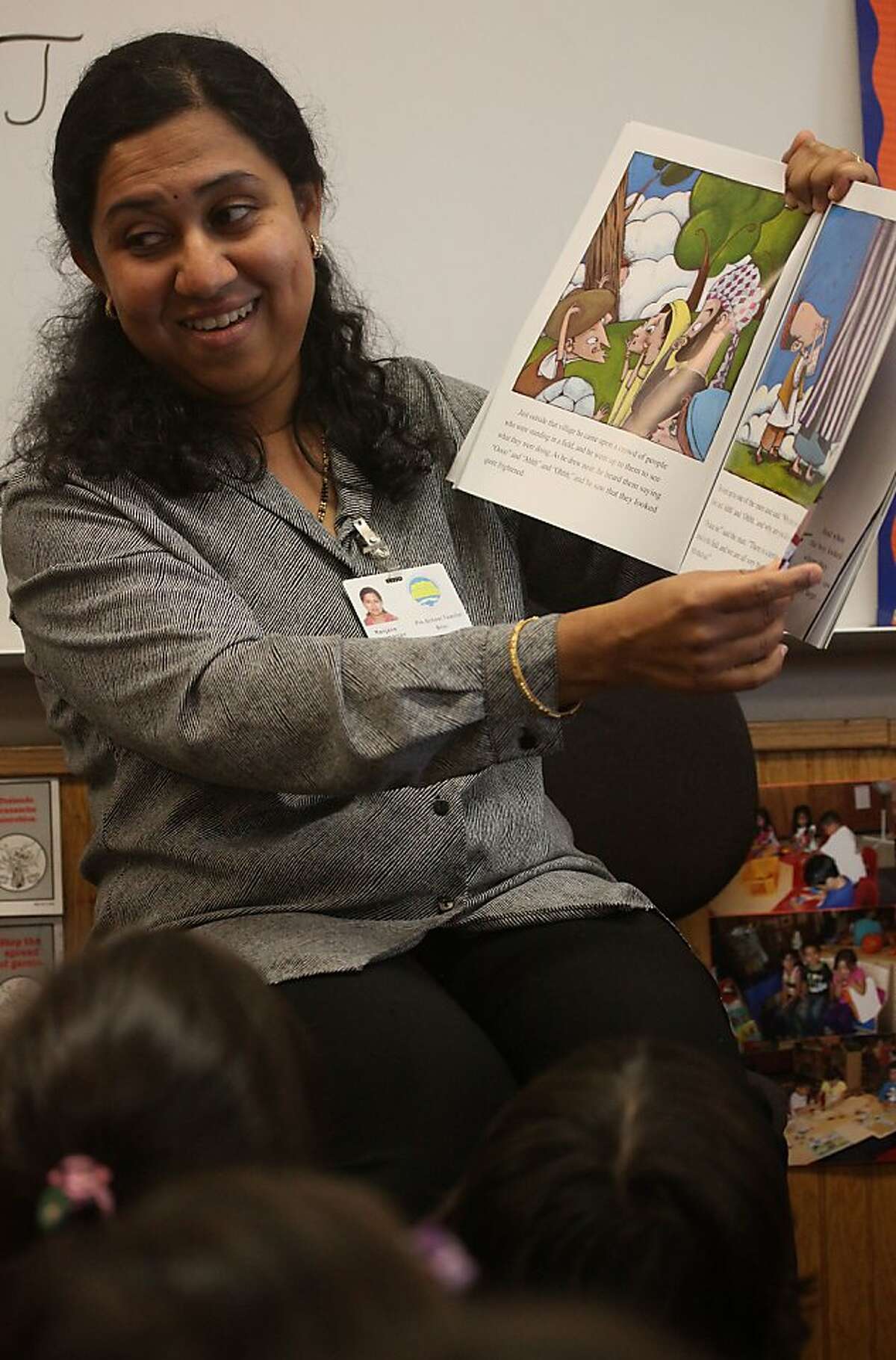 Teacher Ranjana Subramanian at State preschool in Brier Elementary school in Fremont, Calif., reading "The Clever Boy and the Terrible, Dangerous Animal" by Idries Shah from Hoopoe Books on Monday, November 14, 2011. Hoopoe Books is a Palo Alto publishing company which just received a grant from the state department.