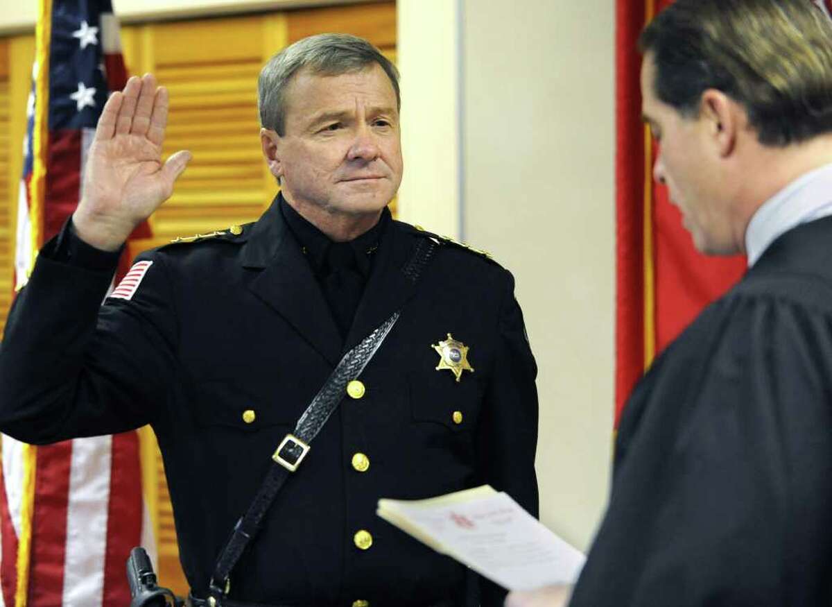 Sheriff Jack Mahar is sworn in for a third term by Hon. Michael Melkonian on Monday, Jan. 2, 2012 at the Rensselaer County Jail in Troy, N.Y. (Lori Van Buren / Times Union)