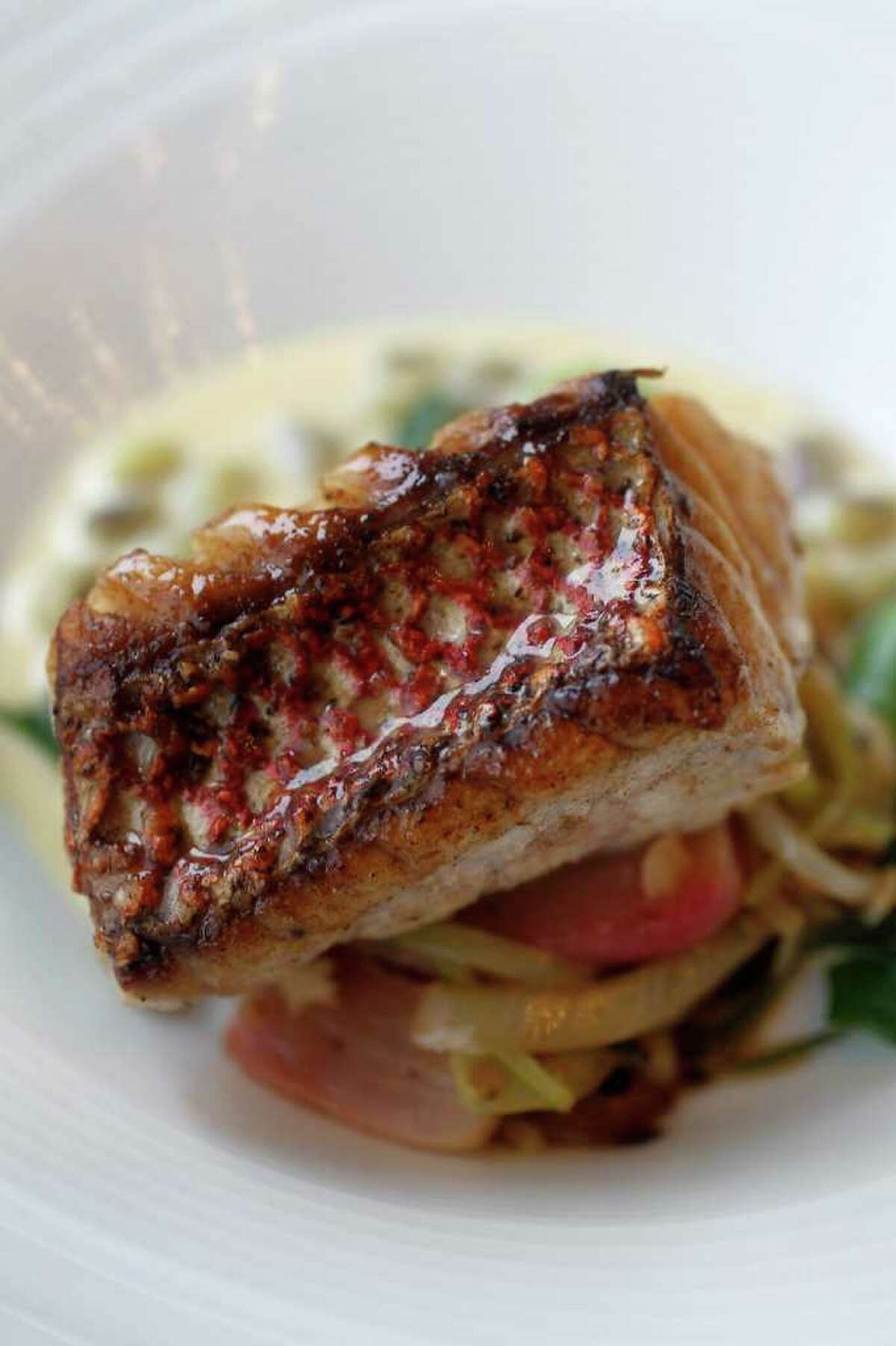 Snapper with sunchoke puree also has miso, shimeji and winter peas.