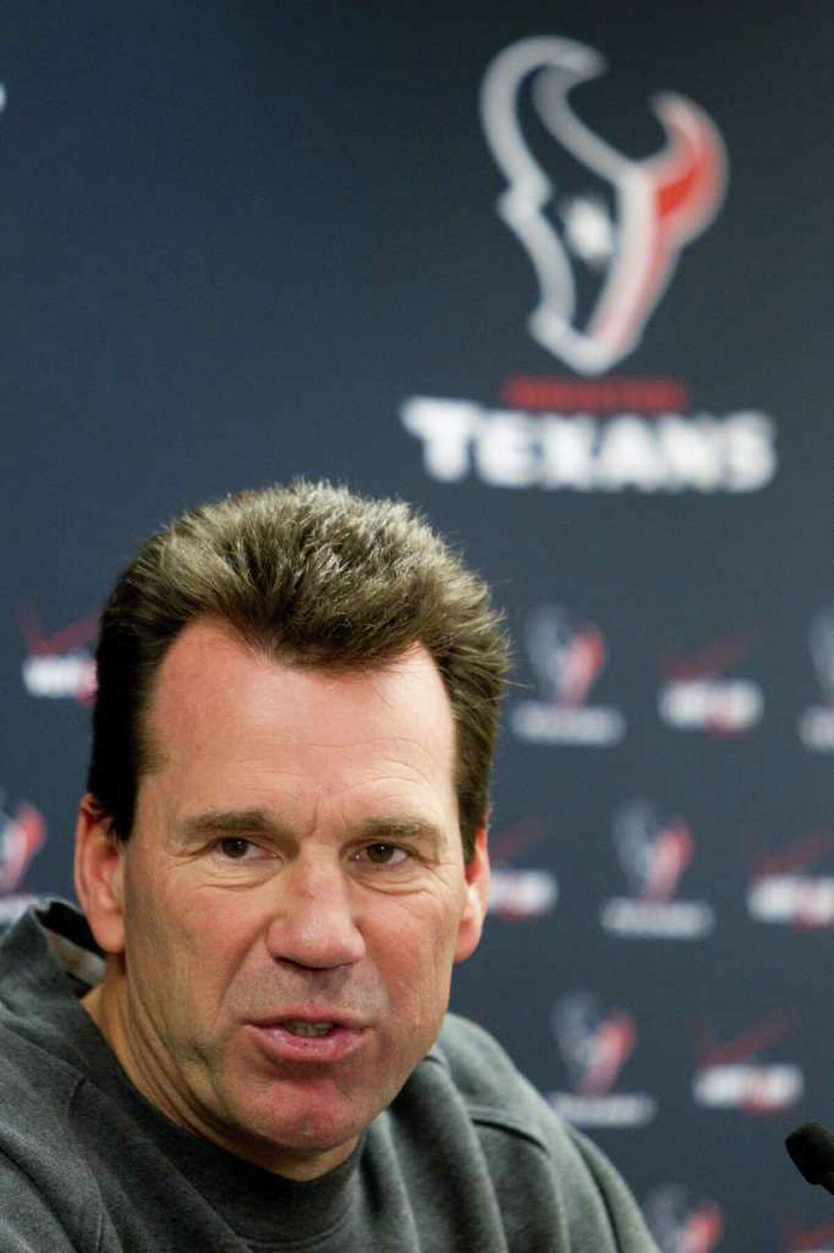 Houston Texans head coach Gary Kubiak answers questions during a news conference following practice at Reliant Stadium on Wednesday, Jan. 4, 2012, in Houston. The Texans face the Cincinnati Bengals on Saturday in the first NFL playoff football game in team history. ( Brett Coomer / Houston Chronicle )