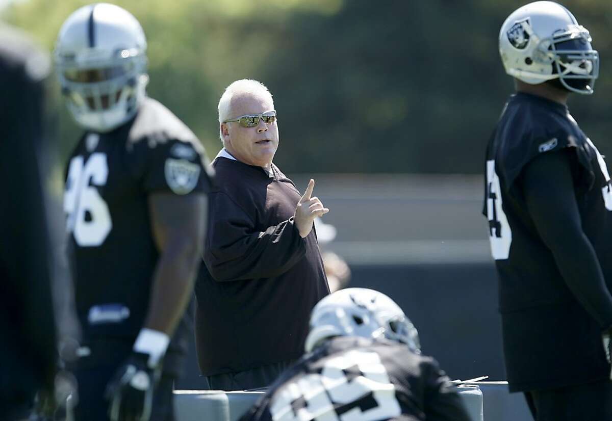 The Oakland Raiders Chuck Bresnahan, defensive coordinator gives direction at the Raiders Training Camp, Thursday July 28, 2011, at the Napa Valley Marriott in Napa, Calif.
