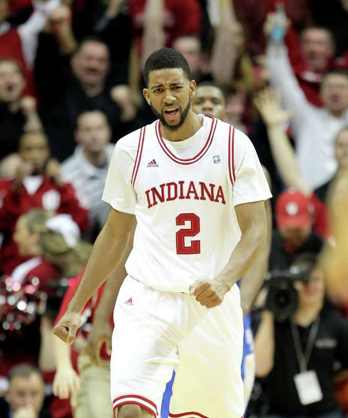 BLOOMINGTON, IN - DECEMBER 10: Christian Watford #2 of the Indiana Hoosiers celebrates during the Indiana 73-72 victory over the Kentucky Wildcats at Assembly Hall on December 10, 2011 in Bloomington, Indiana. (Photo by Andy Lyons/Getty Images)
