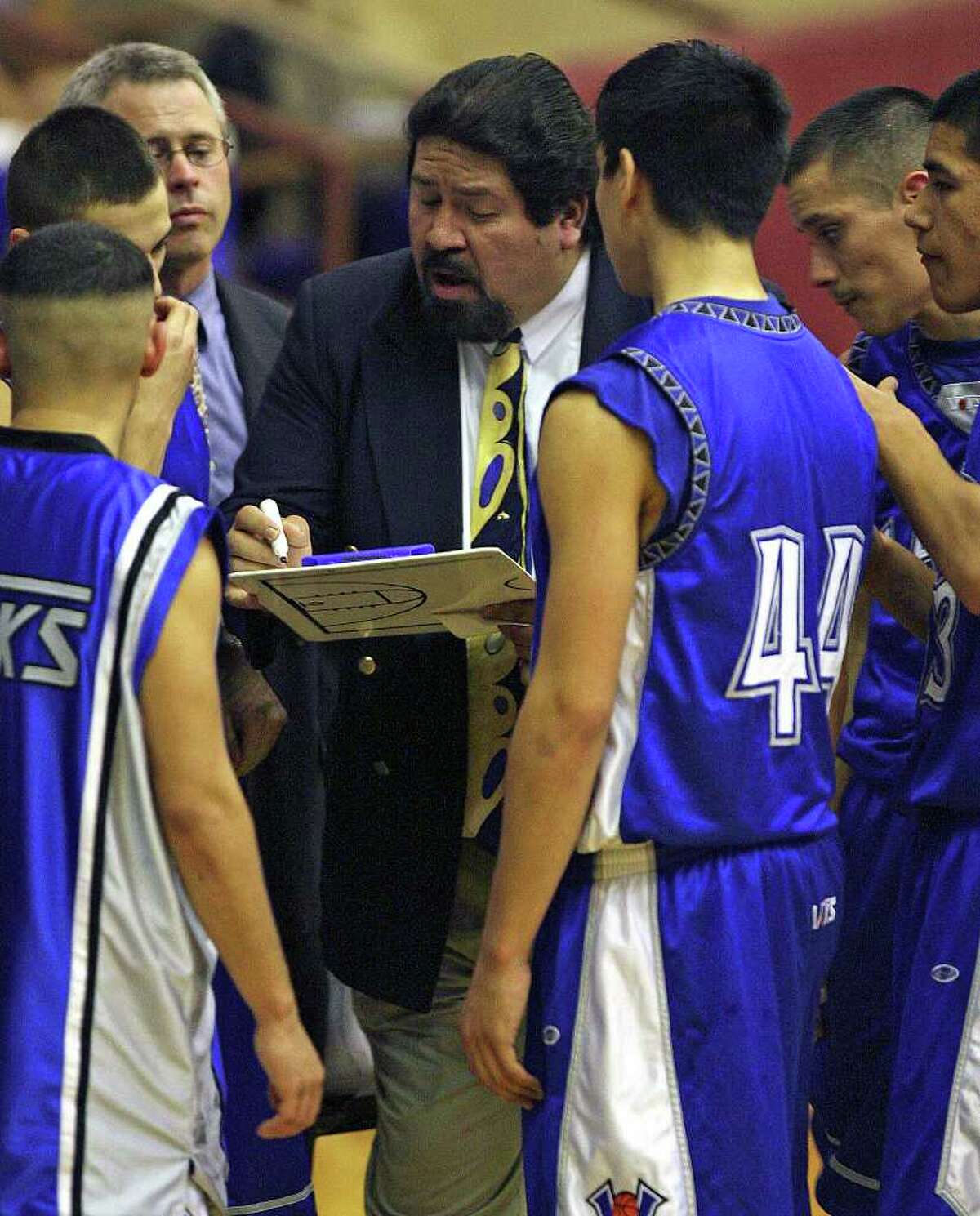 CONEXION Lanier coach Rudy Bernal draws up a play for his team against Brackenridge Friday night at Alamo Convocation Center. Tom Reel/Staff January 12, 2007.
