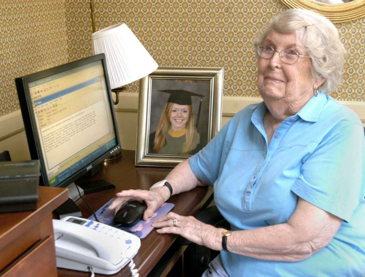 Marion Mannion sits at the computer in her home where she exchanges emails from granddaughter Beth Mannion, 21, who is teaching English in Viet Nam this Summer. Photo taken August 25, 2009