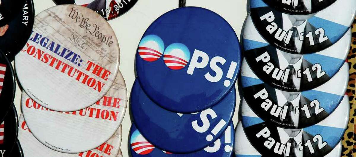 Buttons are displayed in Nashua, N.H., on Friday prior to the arrival of Rep. Rep. Ron Paul.