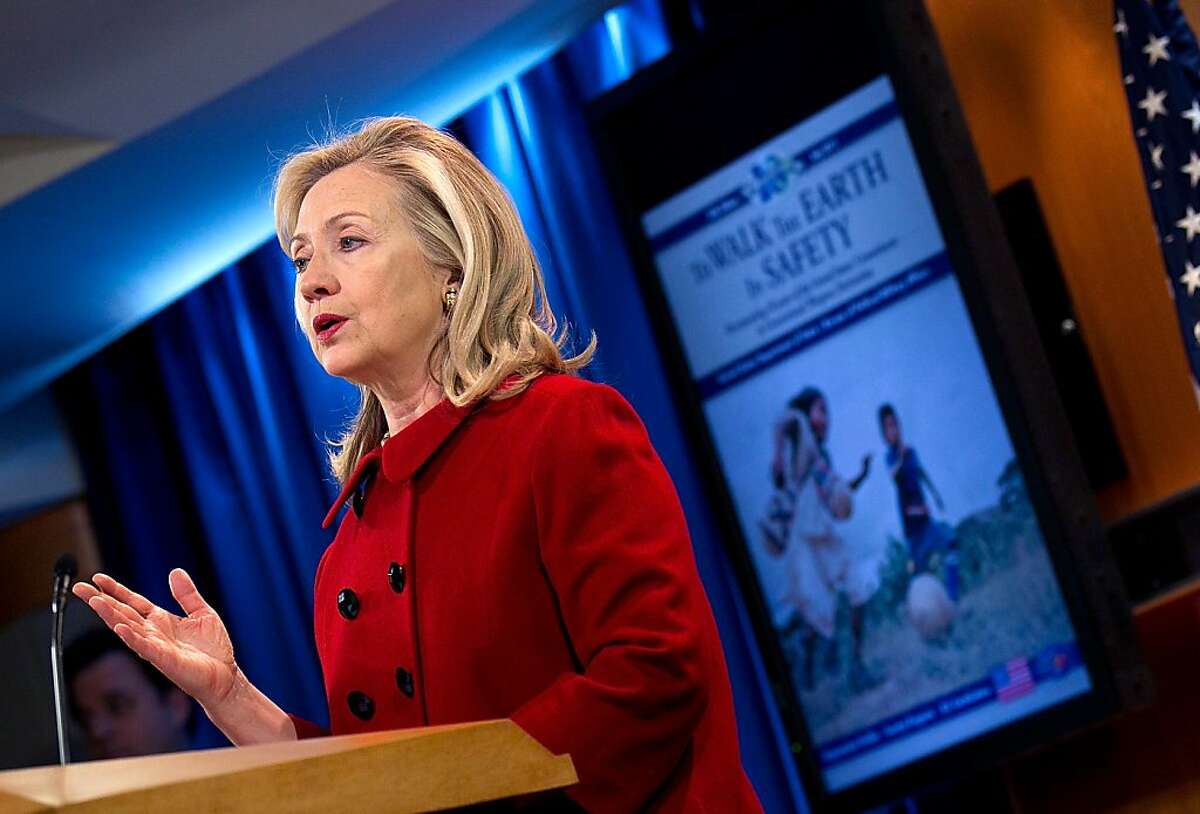WASHINGTON, DC - DECEMBER 19: U.S. Secretary of State Hillary Clinton delivers remarks to mark the 10th edition of "To Walk the Earth in Safety" report, which showcases U.S. global leadership in landmine clearance and conventional weapons destruction at the State Department December 19, 2011 in Washington, DC. Clinton declined to comment when asked about the developing story on the Korean peninsula and the death of North Korean dictator Kim Jong-il. (Photo by Win McNamee/Getty Images)