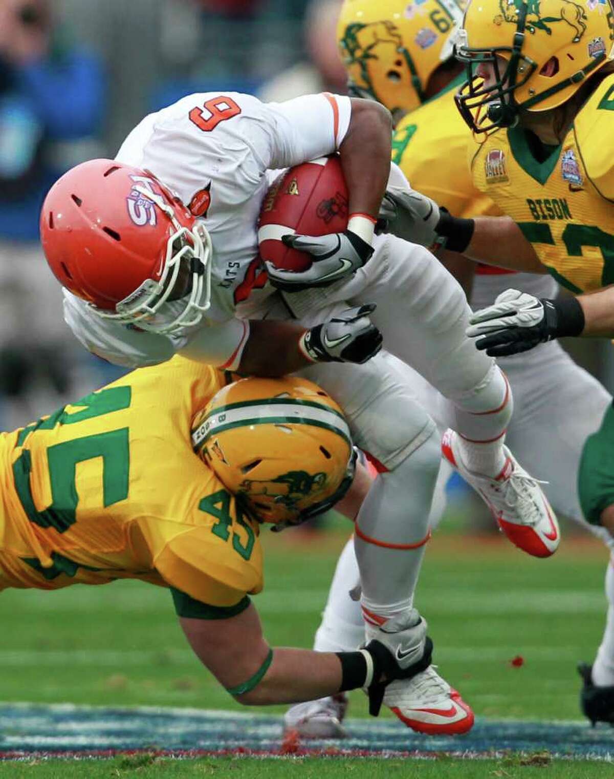 Sam Houston State University wideout Richard Sincere (6) and his teammates were held to six points by North Dakota State. The No. 1-ranked Bearkats came into the Football Championship Series title contest averaging 39 points a game. Sam Houston State ended the season with a school-record 14 wins.