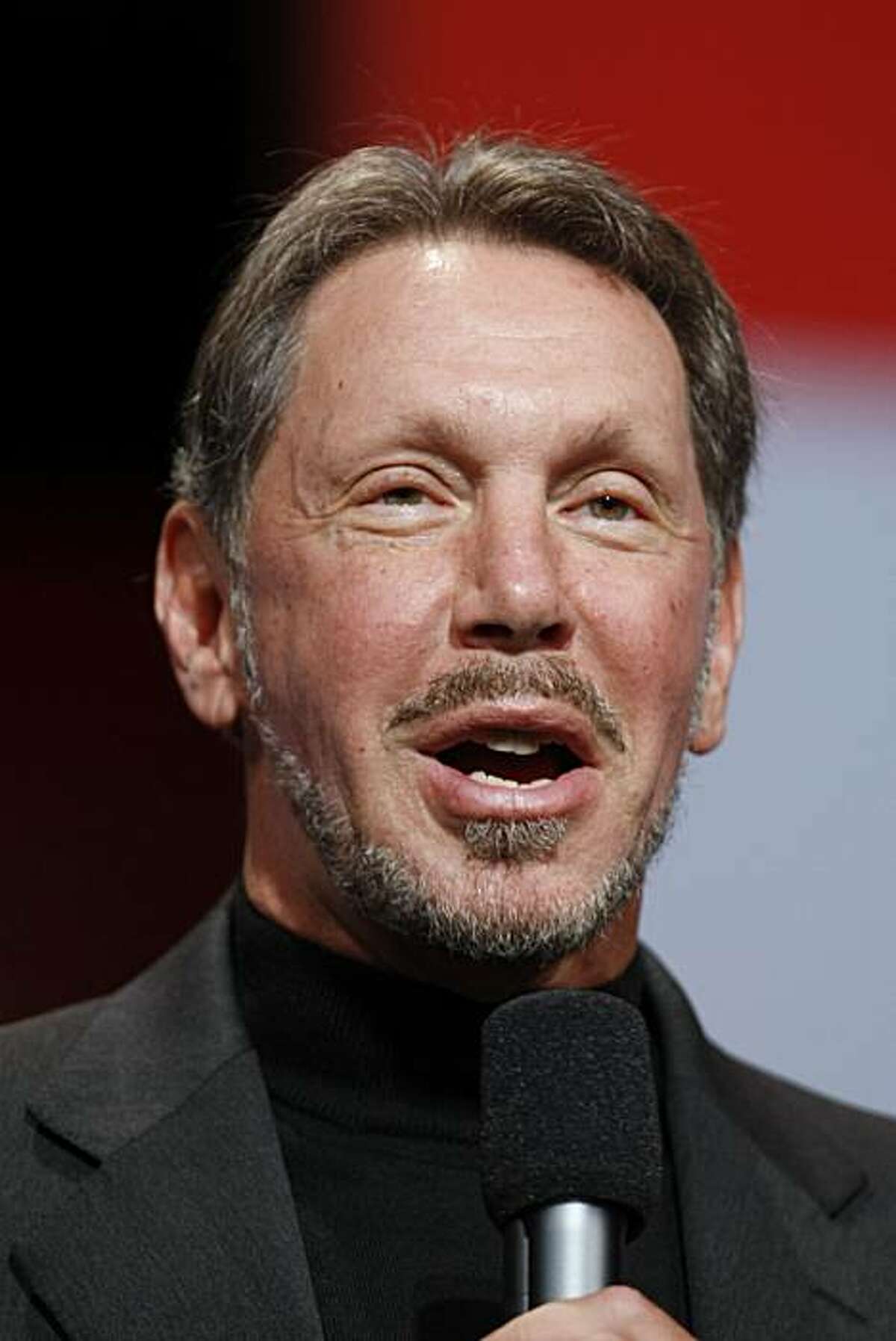 Oracle Corp. CEO Larry Ellison talks during keynote address, Wednesday, Sept. 22, 2010, at Oracle World in San Francisco.