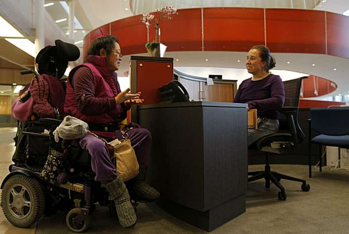 Stephanie Miyashiro (left), chair member of Through the Looking Glass nonprofit organization, introduces herself to receptionist Leah Frenchick in Berkeley, Calif., on Dec. 10, 2010. The Ed Roberts Campus, named after Edward V. Roberts, a leader of the independent living movement, showcases design accessible to all in Berkeley, Calif., on Dec. 10, 2010.